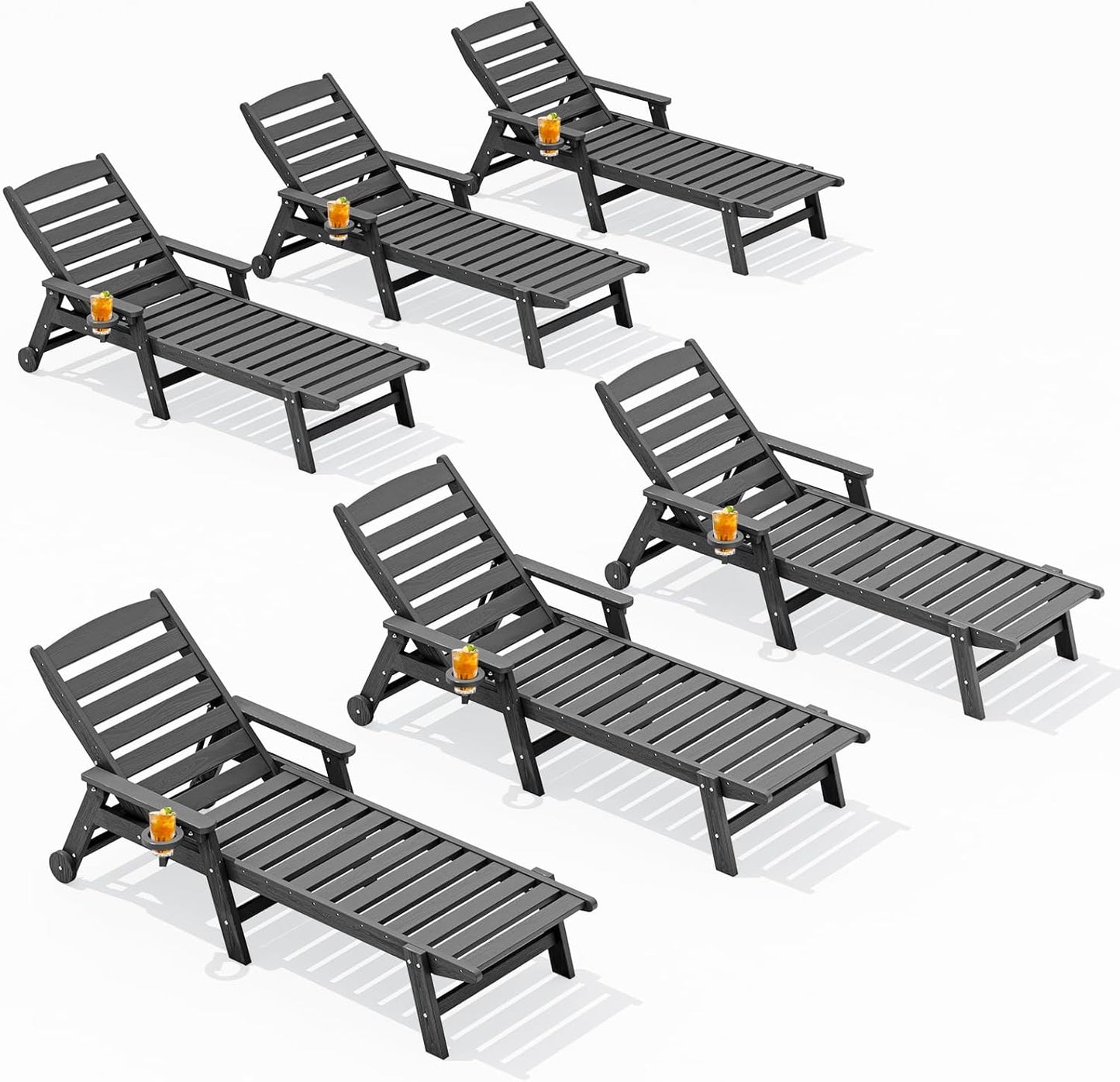 SERWALL Patio Chaise Lounge Chair Set of 2, 78'' Long 5-Positions Adjustable HDPE Outdoor Lounger for Pool, Poly Lounge Chair with Rolling Wheels & Cup Holder for Poolside, Deck, Blue