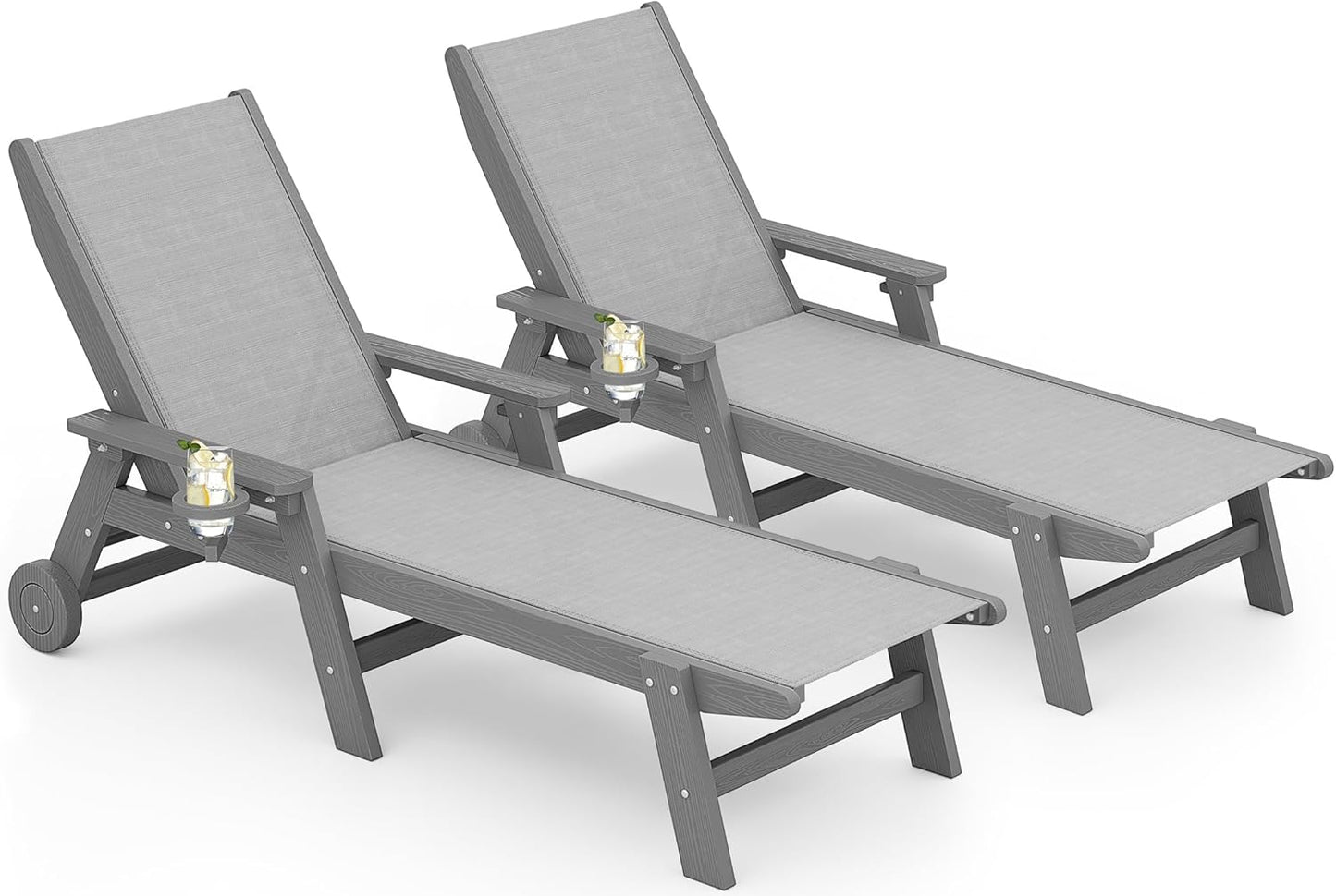 SERWALL Patio Chaise Lounge Chair Set of 2, 78'' Long 5-Positions Adjustable HDPE Outdoor Lounger for Pool, Poly Lounge Chair with Rolling Wheels & Cup Holder for Poolside, Deck, Blue