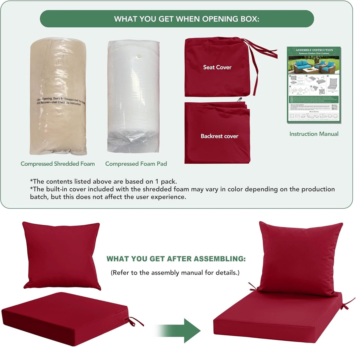 Outdoor Chair Cushions Set of 4, Waterproof Back Pillow and Seat Cushion Set for Patio Furniture, Outdoor Sofa Replacement Cushions with Removable Cover, 22 x 22 Inch, Red