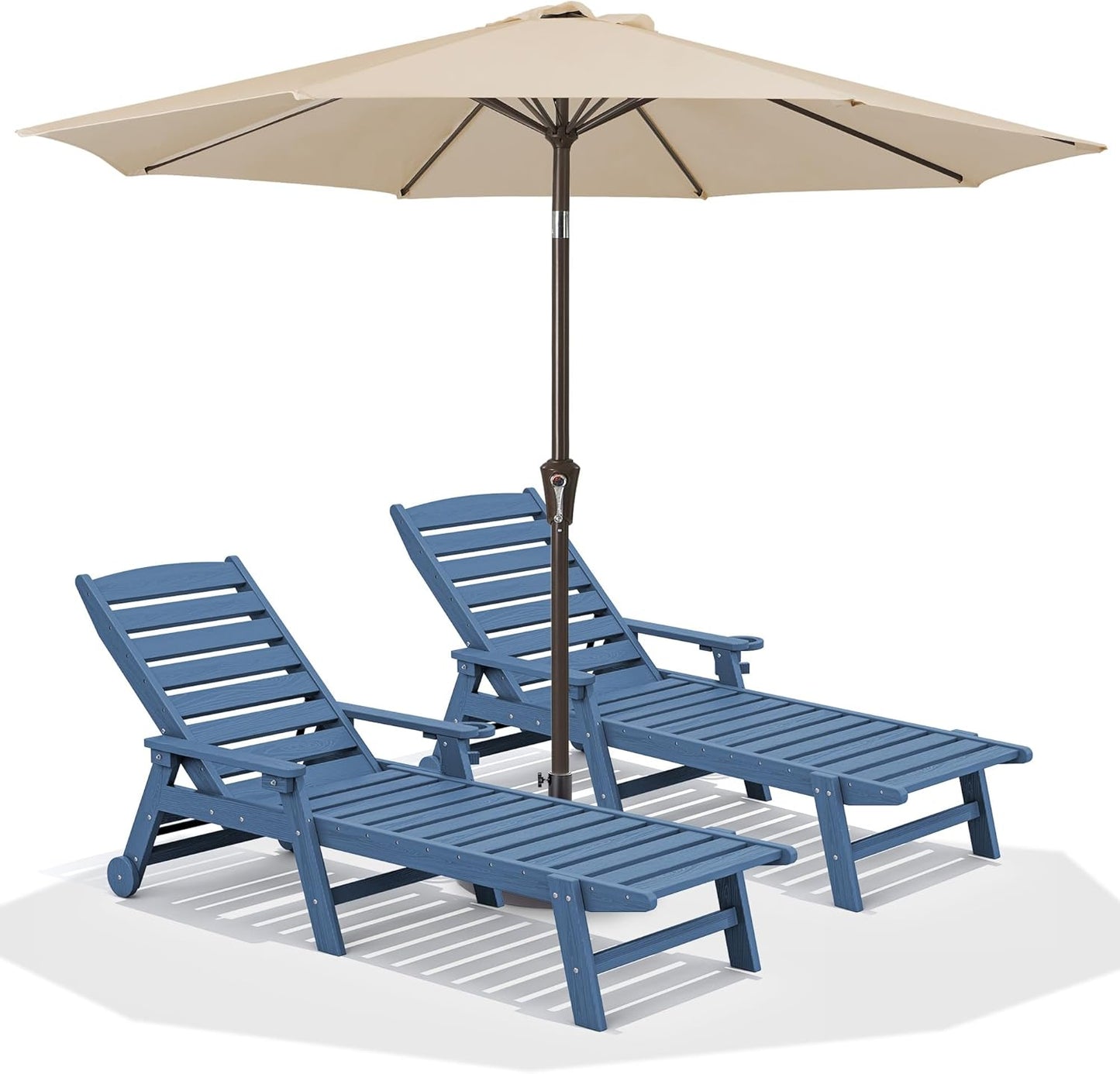 SERWALL Patio Chaise Lounge Chair Set of 2, 78'' Long 5-Positions Adjustable HDPE Outdoor Lounger for Pool, Poly Lounge Chair with Rolling Wheels & Cup Holder for Poolside, Deck, Blue
