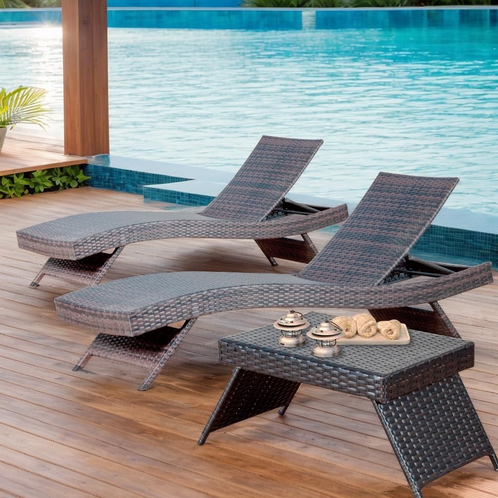 79'' Long Reclining Chaise Lounge Set (Set of 2), Outdoor Wicker Reclining Lounge Chair Patio Rattan Double Chaise Lounge Lawn Sunbathing Chairs Beach Pool Backrest Recliners (Set of 2)