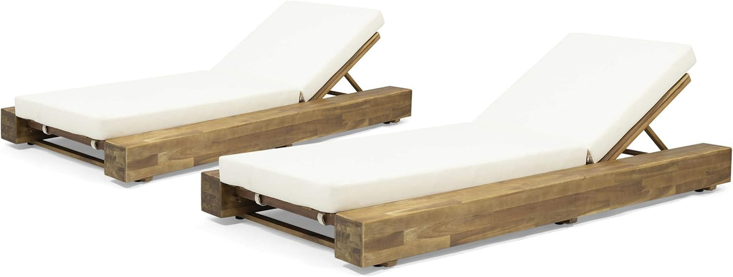 Christopher Knight Home Tory Acacia Wood Chaise Lounge Chair Outdoor Set of 2, Adjustable Backrest Sun Lounger Recliner, Patio Outdoor Chaise Lounge with 4" Thick Water-Resistant Cushions, Teak+Cream