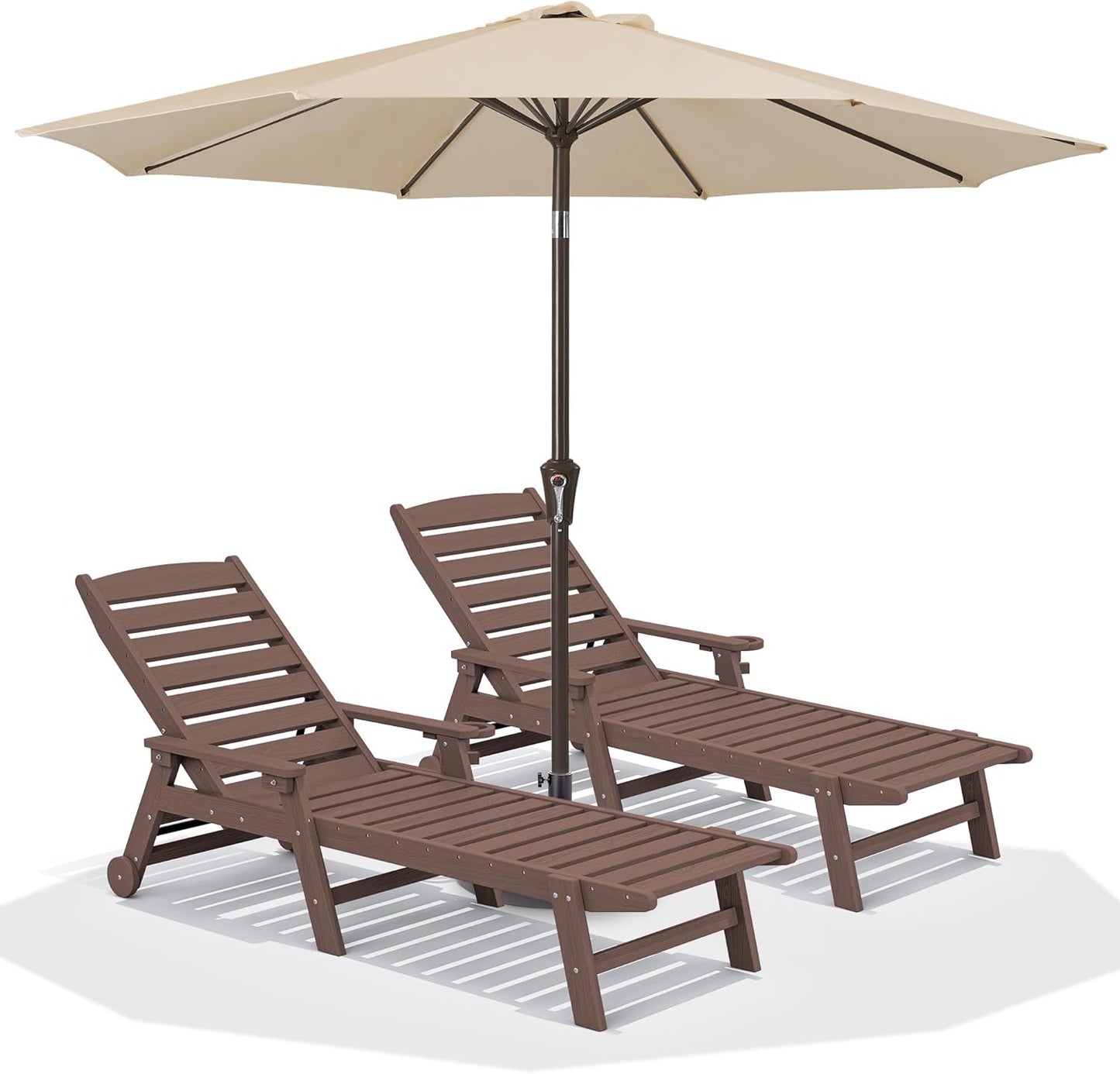 SERWALL Patio Chaise Lounge Chair Set of 2, 78'' Long 5-Positions Adjustable HDPE Outdoor Lounger for Pool, Poly Lounge Chair with Rolling Wheels & Cup Holder for Poolside, Deck, Blue