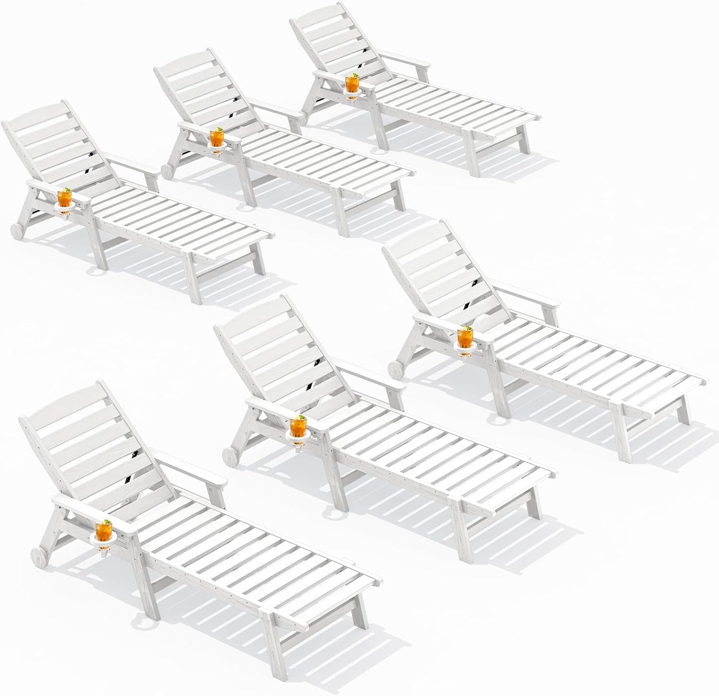 SERWALL Patio Chaise Lounge Chair Set of 2, 78'' Long 5-Positions Adjustable HDPE Outdoor Lounger for Pool, Poly Lounge Chair with Rolling Wheels & Cup Holder for Poolside, Deck, Blue