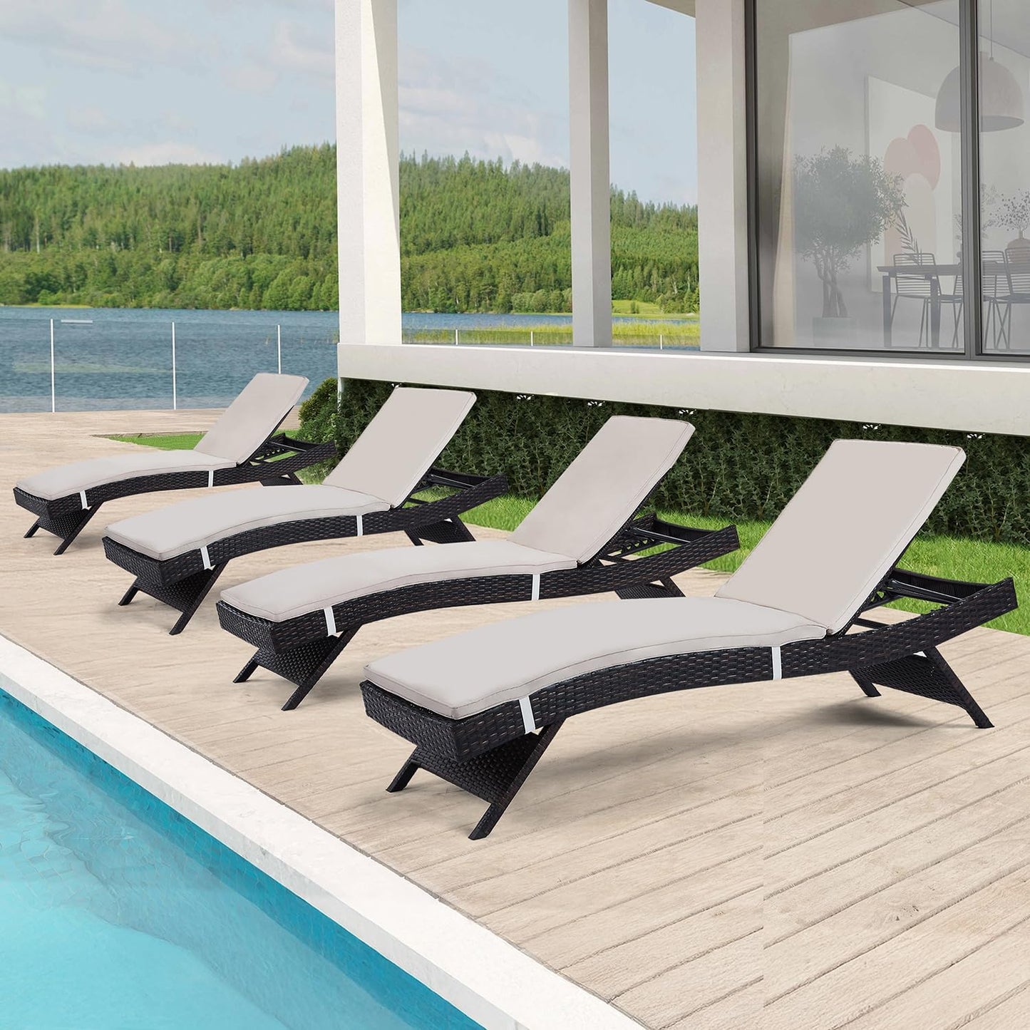 79'' Long Reclining Chaise Lounge Set (Set of 2), Outdoor Wicker Reclining Lounge Chair Patio Rattan Double Chaise Lounge Lawn Sunbathing Chairs Beach Pool Backrest Recliners (Set of 2)