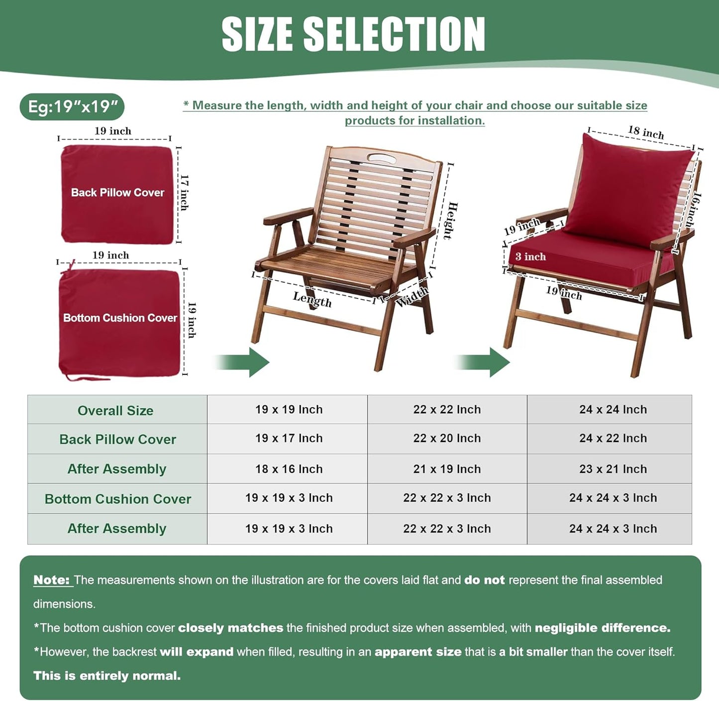 Outdoor Chair Cushions Set of 4, Waterproof Back Pillow and Seat Cushion Set for Patio Furniture, Outdoor Sofa Replacement Cushions with Removable Cover, 22 x 22 Inch, Red