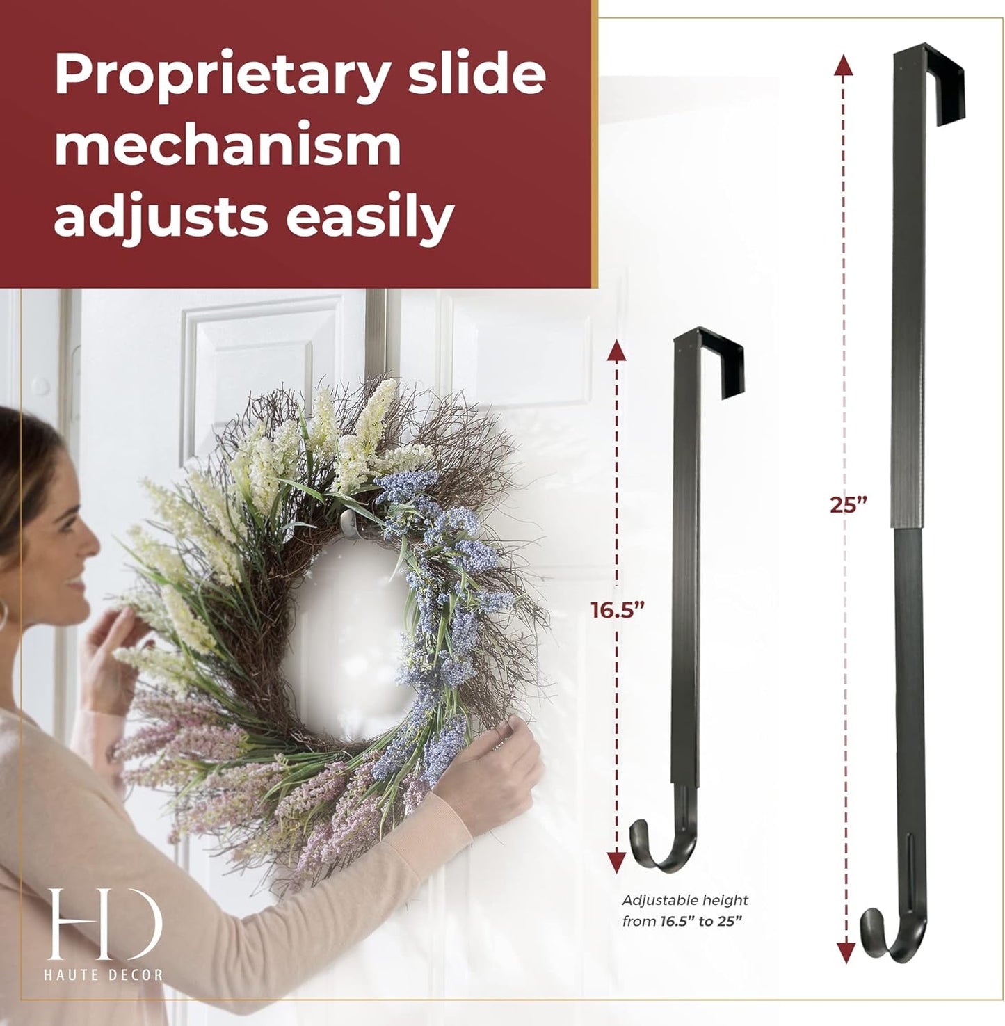 Haute Decor Lavender Floral Wreath and Brushed Nickel Adjustable Length Wreath Hanger for Spring, Summer, Fall Door Decor