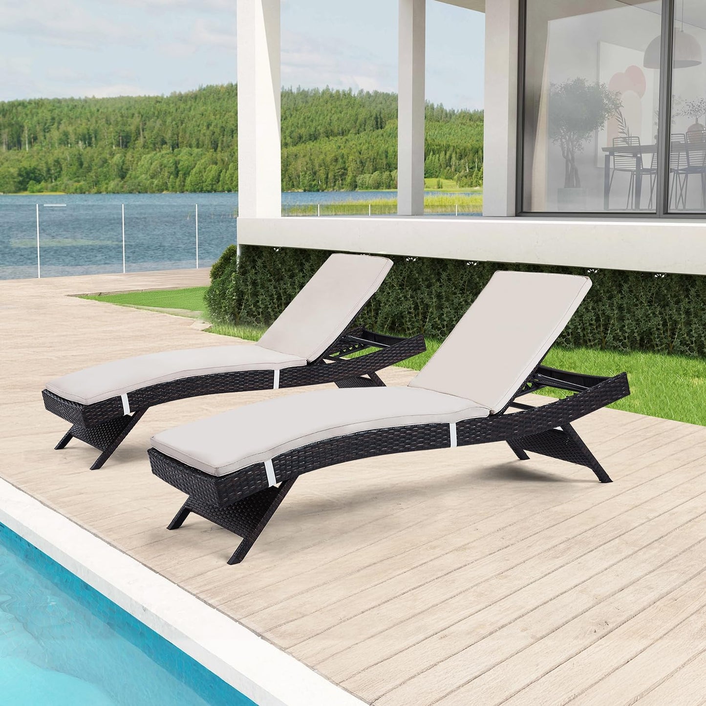79'' Long Reclining Chaise Lounge Set (Set of 2), Outdoor Wicker Reclining Lounge Chair Patio Rattan Double Chaise Lounge Lawn Sunbathing Chairs Beach Pool Backrest Recliners (Set of 2)