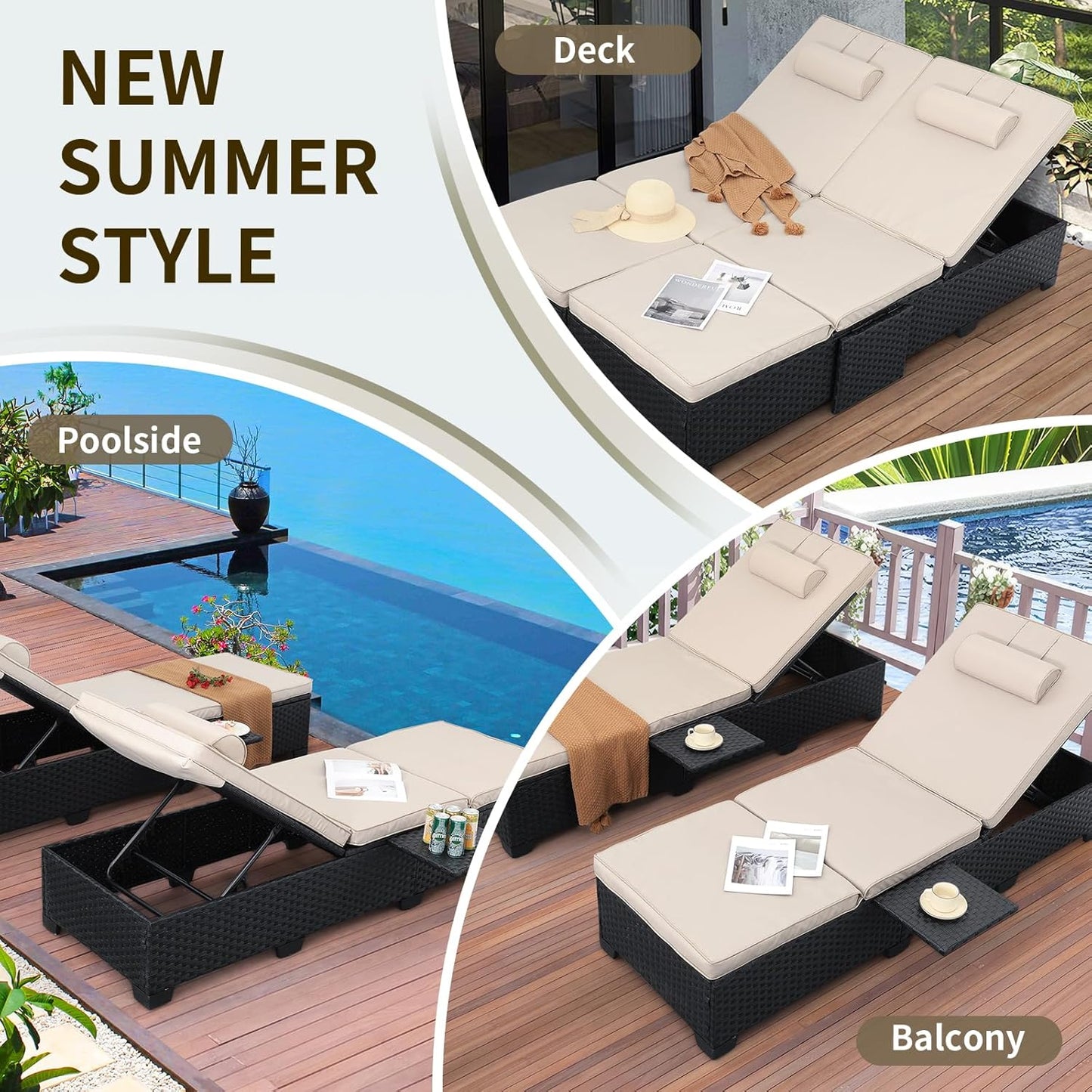 WAROOM Outdoor Chaise Lounge Chairs for Outside Patio Furniture Set of 2 Wicker Recliner Black Rattan Reclining Pool Sunbathing Chair Adjustable Backrest Lounger with Khaki Cushion