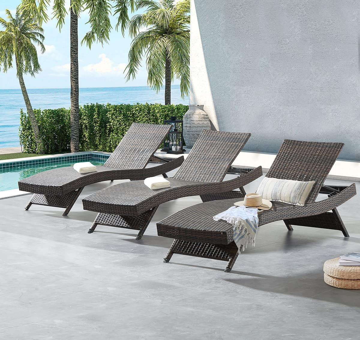 79'' Long Reclining Chaise Lounge Set (Set of 2), Outdoor Wicker Reclining Lounge Chair Patio Rattan Double Chaise Lounge Lawn Sunbathing Chairs Beach Pool Backrest Recliners (Set of 2)