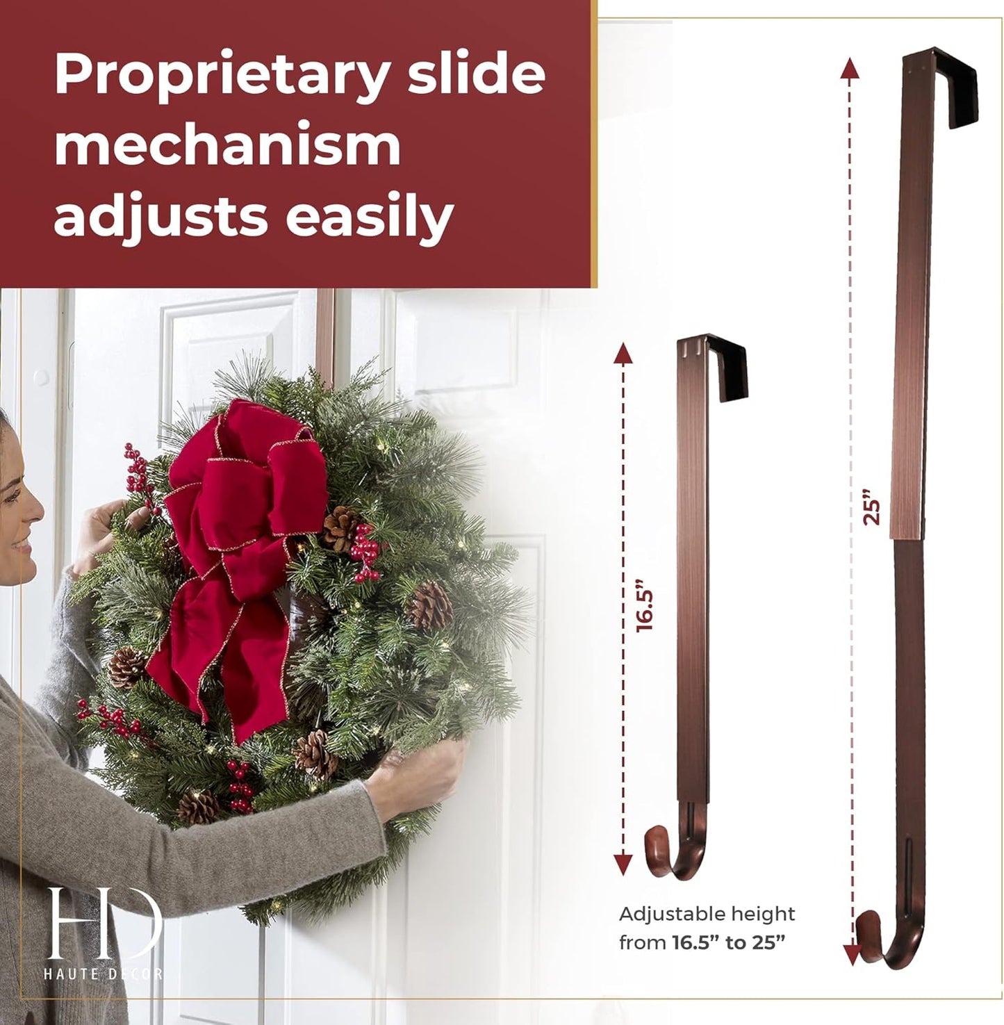 Haute Decor Adapt Adjustable Length Wreath Hanger with 4 Interchangeable Icons - Oil-Rubbed Bronze (Bee/Pumpkin/Snowflake/Fleur de lis) - 4 Front Door Wreath Hangers in 1