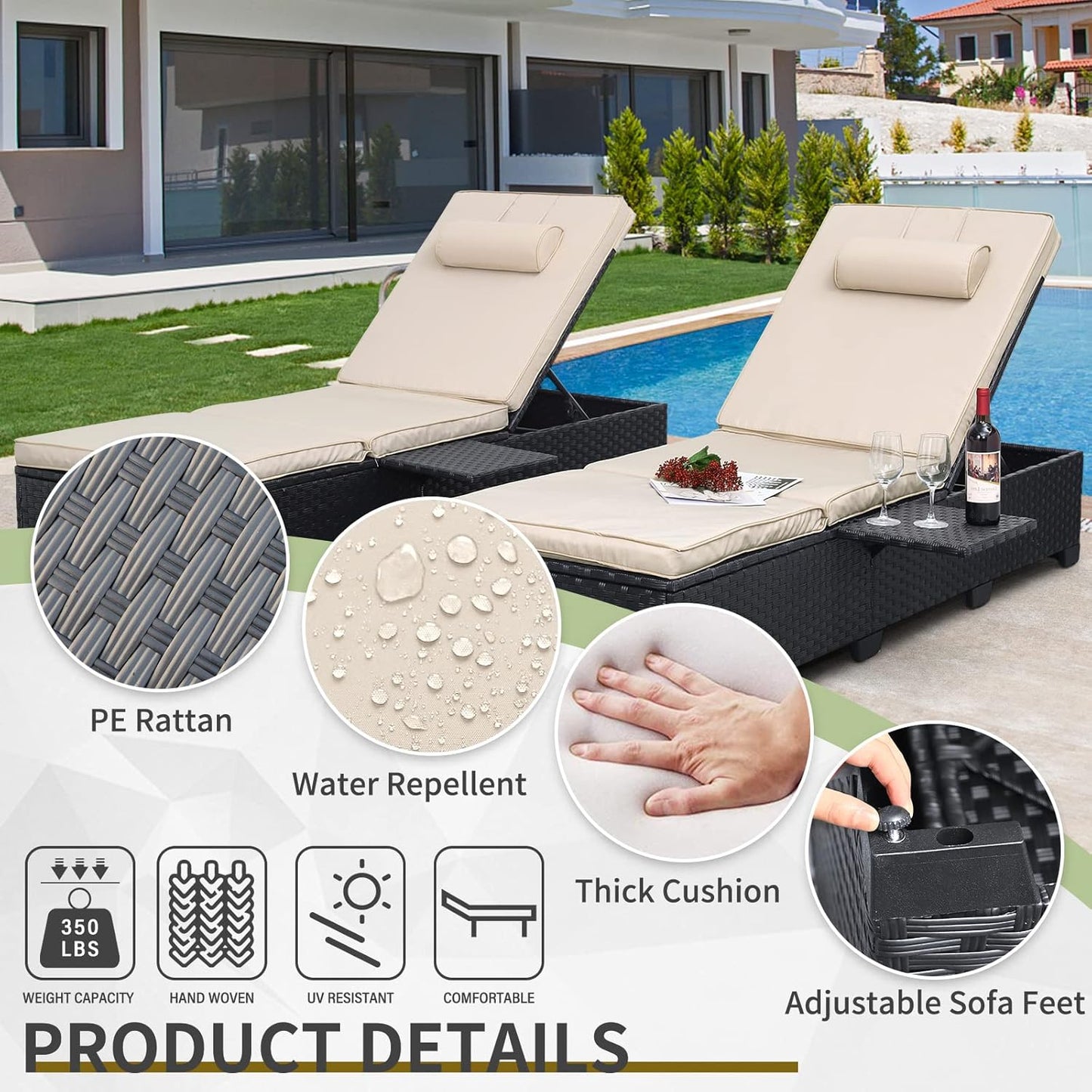 WAROOM Outdoor Chaise Lounge Chairs for Outside Patio Furniture Set of 2 Wicker Recliner Black Rattan Reclining Pool Sunbathing Chair Adjustable Backrest Lounger with Khaki Cushion