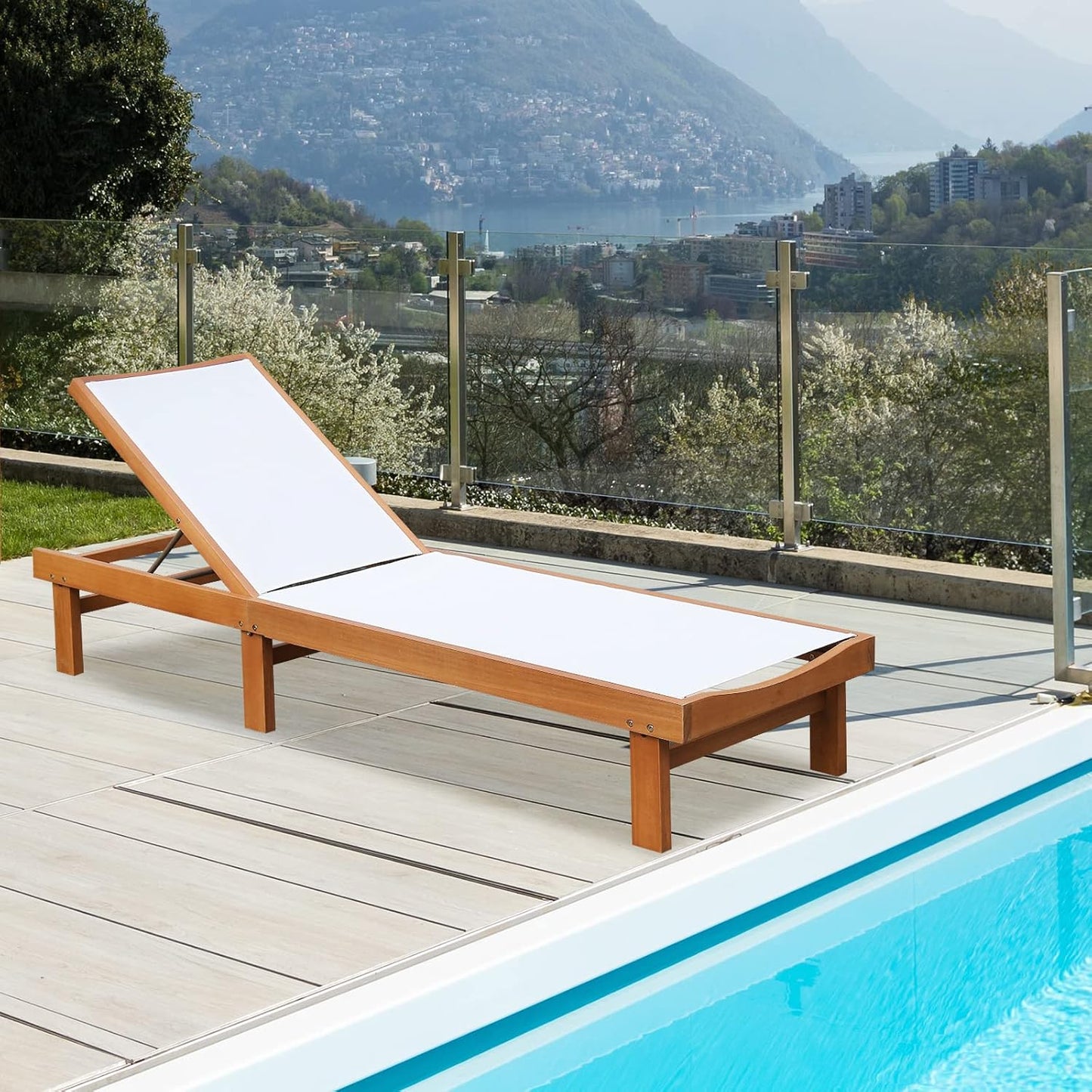 COSTWAY Patio Wood Chaise Lounge Chair, Strong Eucalyptus Wood Frame, 5-Position Adjustable Outdoor Recliner with White Mesh (2)