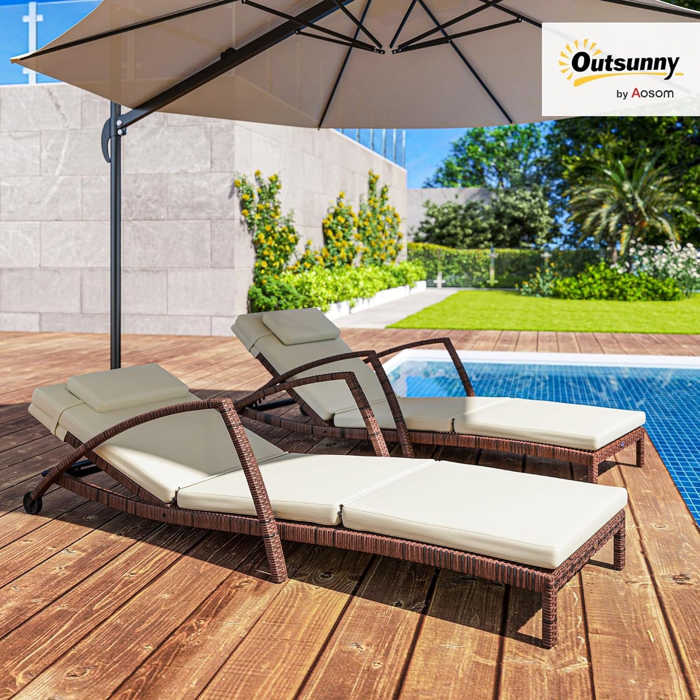 Outsunny Wicker Chaise Lounge Chair Outdoor Set of 2, 5-Position Adjustable Reclining Pool Lounge Chairs with Wheels, Rattan Outdoor Lounger with Cushion, Armrests for Poolside Beach Backyard, Beige