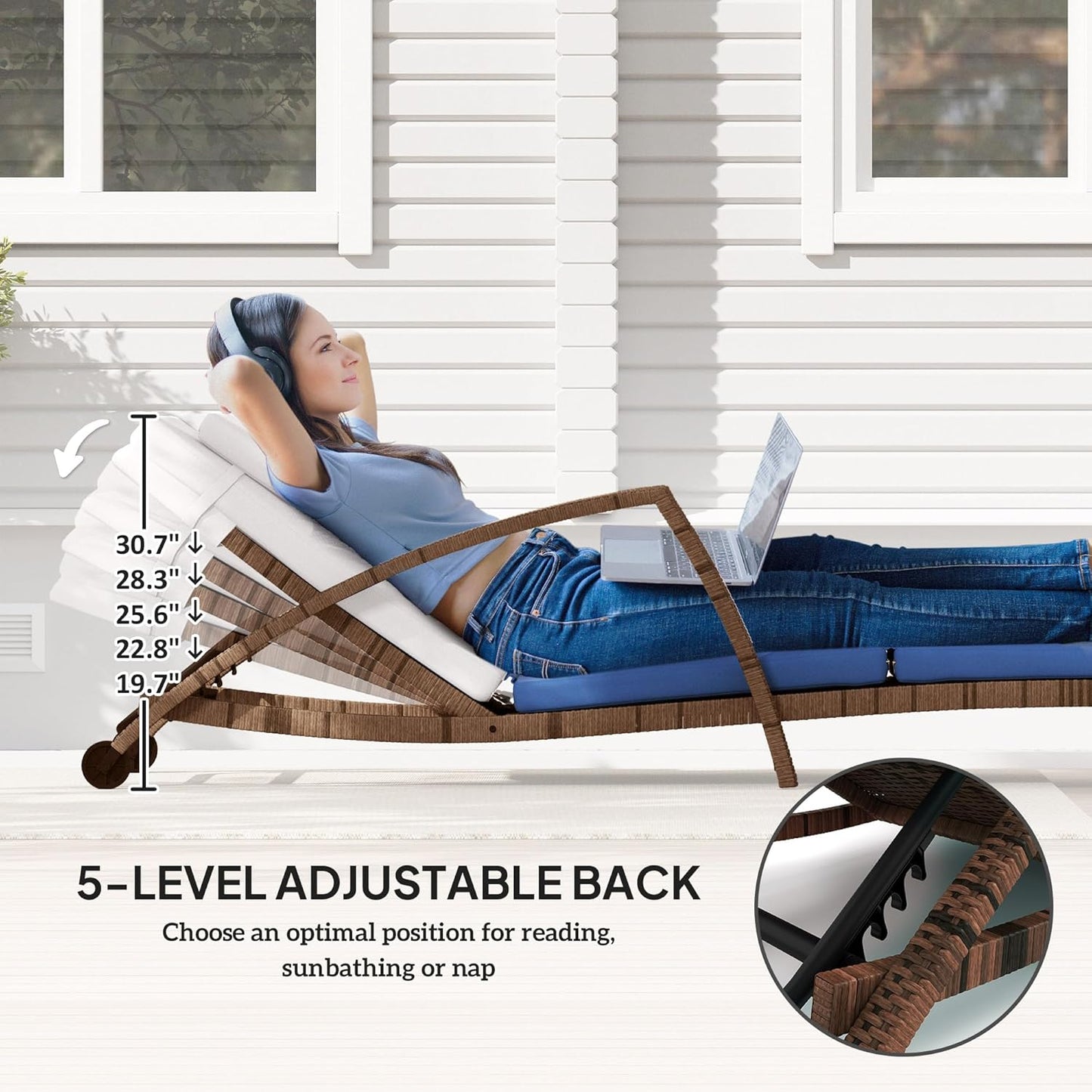 Outsunny Wicker Chaise Lounge Chair Outdoor Set of 2, 5-Position Adjustable Reclining Pool Lounge Chairs with Wheels, Rattan Outdoor Lounger with Cushion, Armrests for Poolside Beach Backyard, Beige