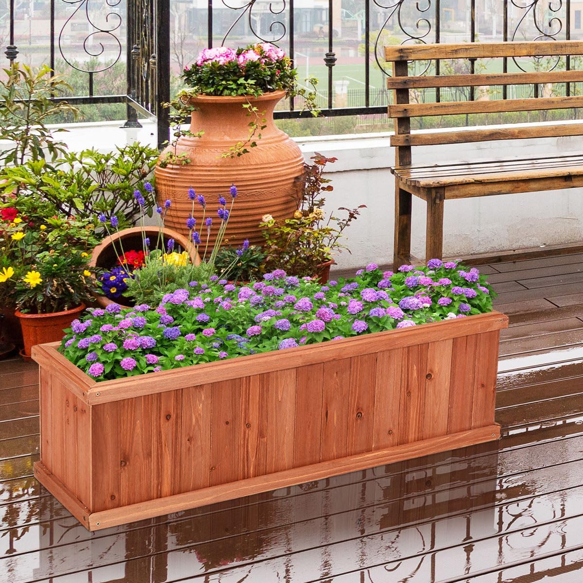LDAILY Raised Garden Bed, Outdoor Rectangle Flower Beds with Detachable Bottom Panels & 2 Drainage Holes, Wood Planter Box for Flowers/Vegetables/Fruits in Backyard Patio (28" L x 9’’ W x 10’’ H)