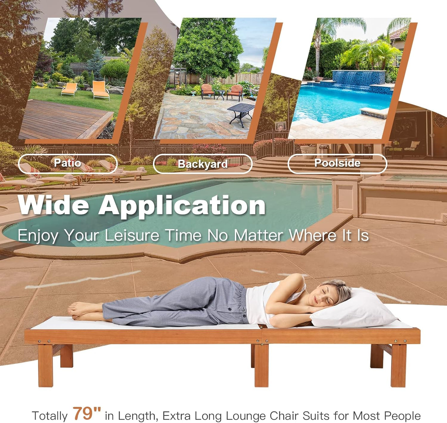 COSTWAY Patio Wood Chaise Lounge Chair, Strong Eucalyptus Wood Frame, 5-Position Adjustable Outdoor Recliner with White Mesh (2)