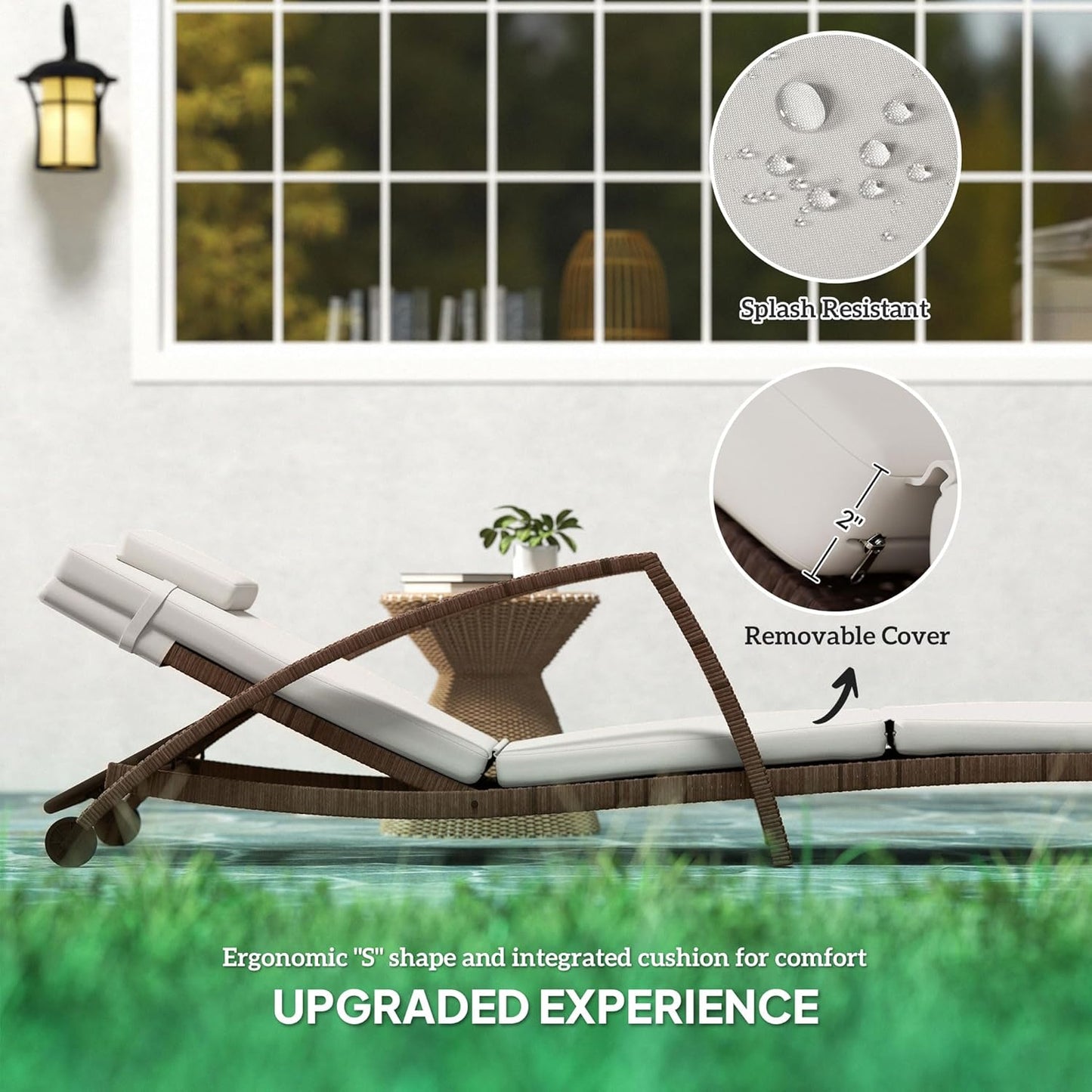 Outsunny Wicker Chaise Lounge Chair Outdoor Set of 2, 5-Position Adjustable Reclining Pool Lounge Chairs with Wheels, Rattan Outdoor Lounger with Cushion, Armrests for Poolside Beach Backyard, Beige