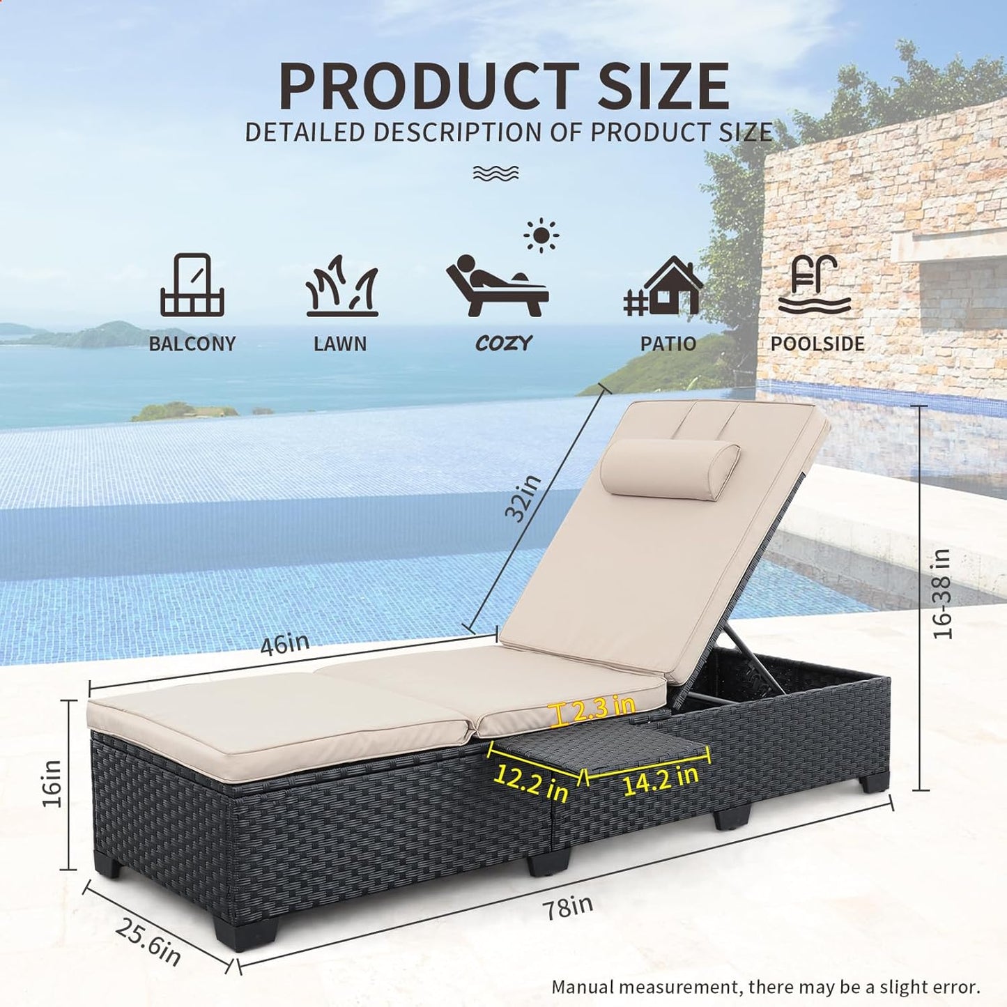 WAROOM Outdoor Chaise Lounge Chairs for Outside Patio Furniture Set of 2 Wicker Recliner Black Rattan Reclining Pool Sunbathing Chair Adjustable Backrest Lounger with Khaki Cushion