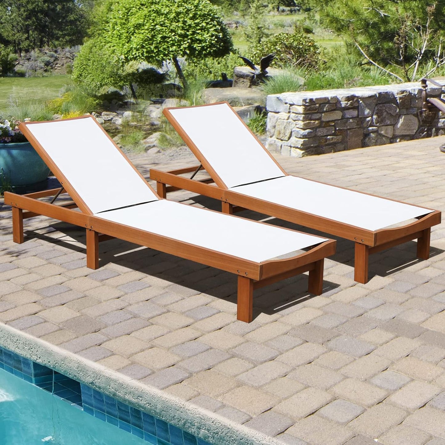 COSTWAY Patio Wood Chaise Lounge Chair, Strong Eucalyptus Wood Frame, 5-Position Adjustable Outdoor Recliner with White Mesh (2)