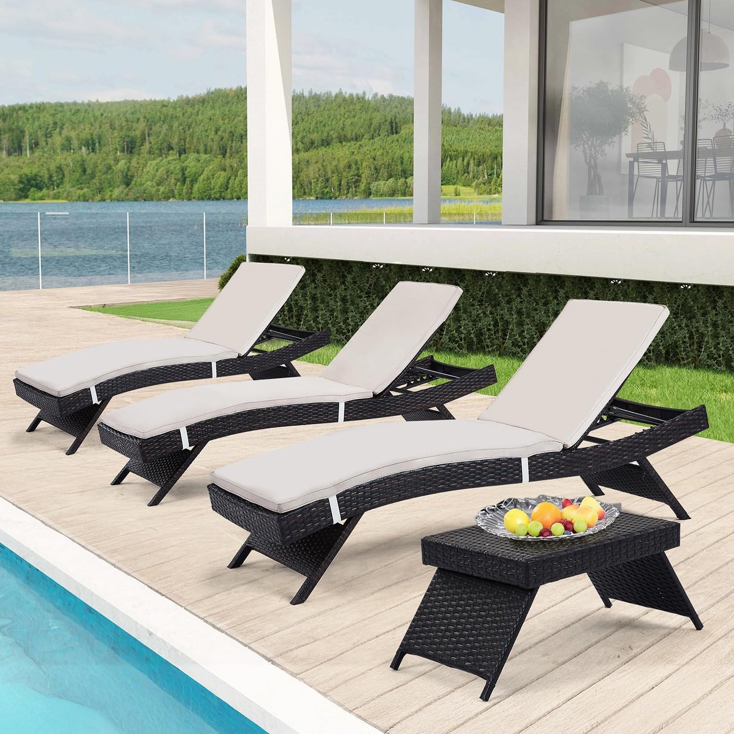79'' Long Reclining Chaise Lounge Set (Set of 2), Outdoor Wicker Reclining Lounge Chair Patio Rattan Double Chaise Lounge Lawn Sunbathing Chairs Beach Pool Backrest Recliners (Set of 2)