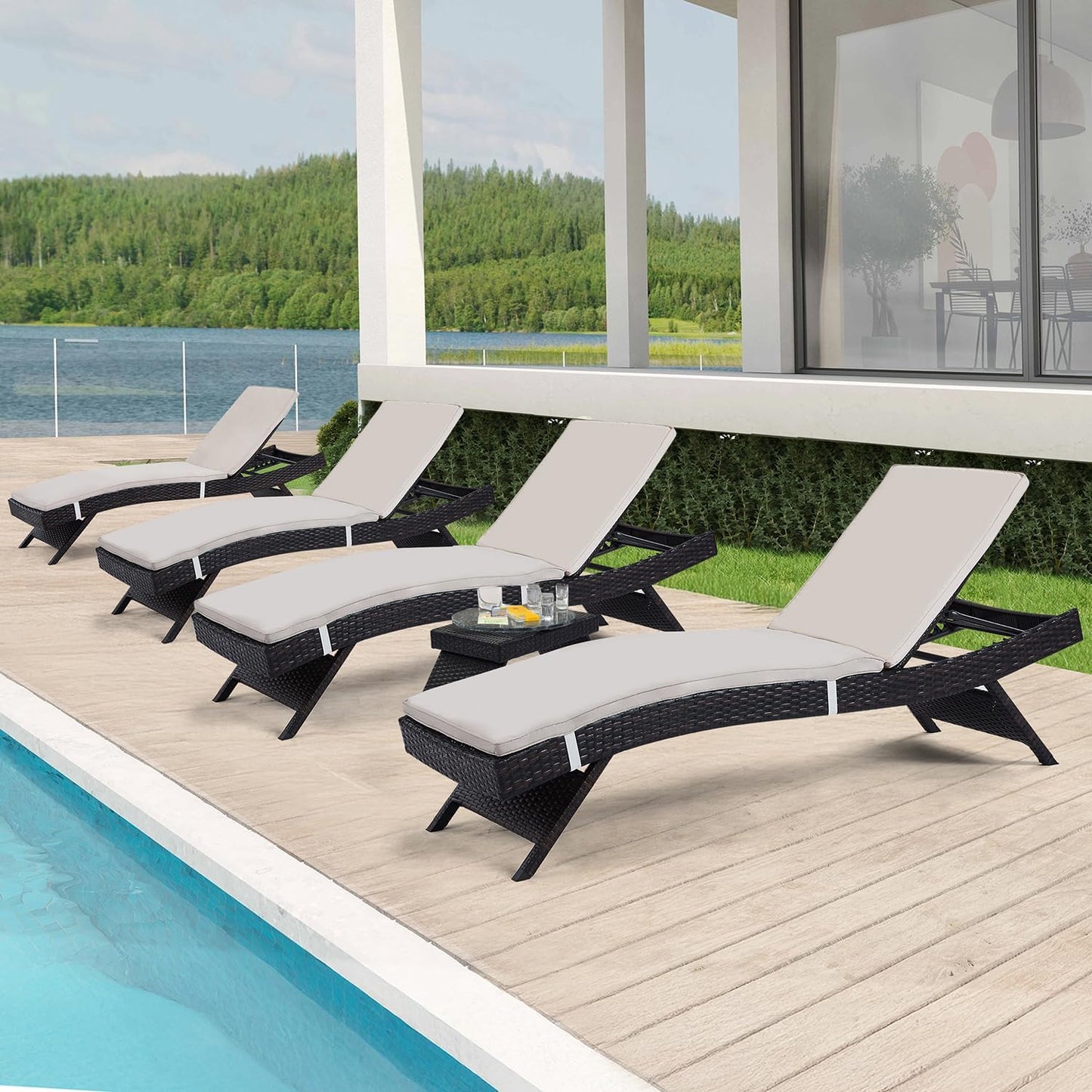 79'' Long Reclining Chaise Lounge Set (Set of 2), Outdoor Wicker Reclining Lounge Chair Patio Rattan Double Chaise Lounge Lawn Sunbathing Chairs Beach Pool Backrest Recliners (Set of 2)