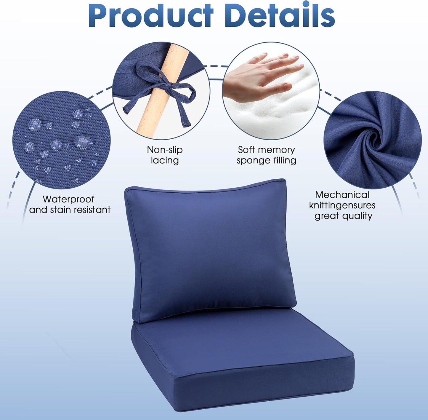 Outdoor Deep Seating Cushion Set, 24" x 24", Waterproof & Fade Resistant Patio Furniture Cushions with Handle, Deep Seat and Back Cushion for Chair and Sofa (3, Blue)