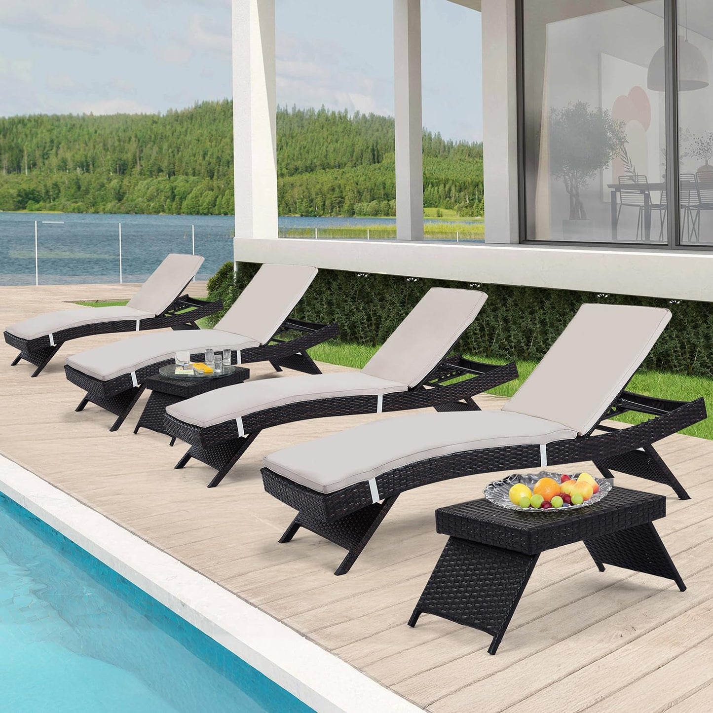 79'' Long Reclining Chaise Lounge Set (Set of 2), Outdoor Wicker Reclining Lounge Chair Patio Rattan Double Chaise Lounge Lawn Sunbathing Chairs Beach Pool Backrest Recliners (Set of 2)