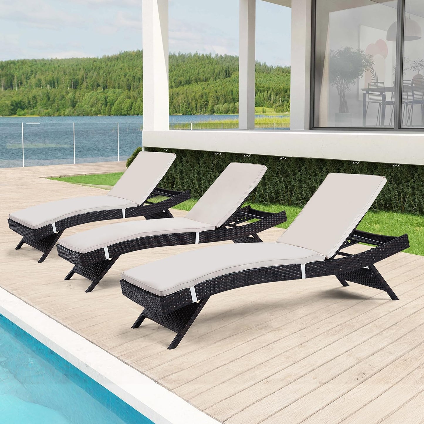 79'' Long Reclining Chaise Lounge Set (Set of 2), Outdoor Wicker Reclining Lounge Chair Patio Rattan Double Chaise Lounge Lawn Sunbathing Chairs Beach Pool Backrest Recliners (Set of 2)