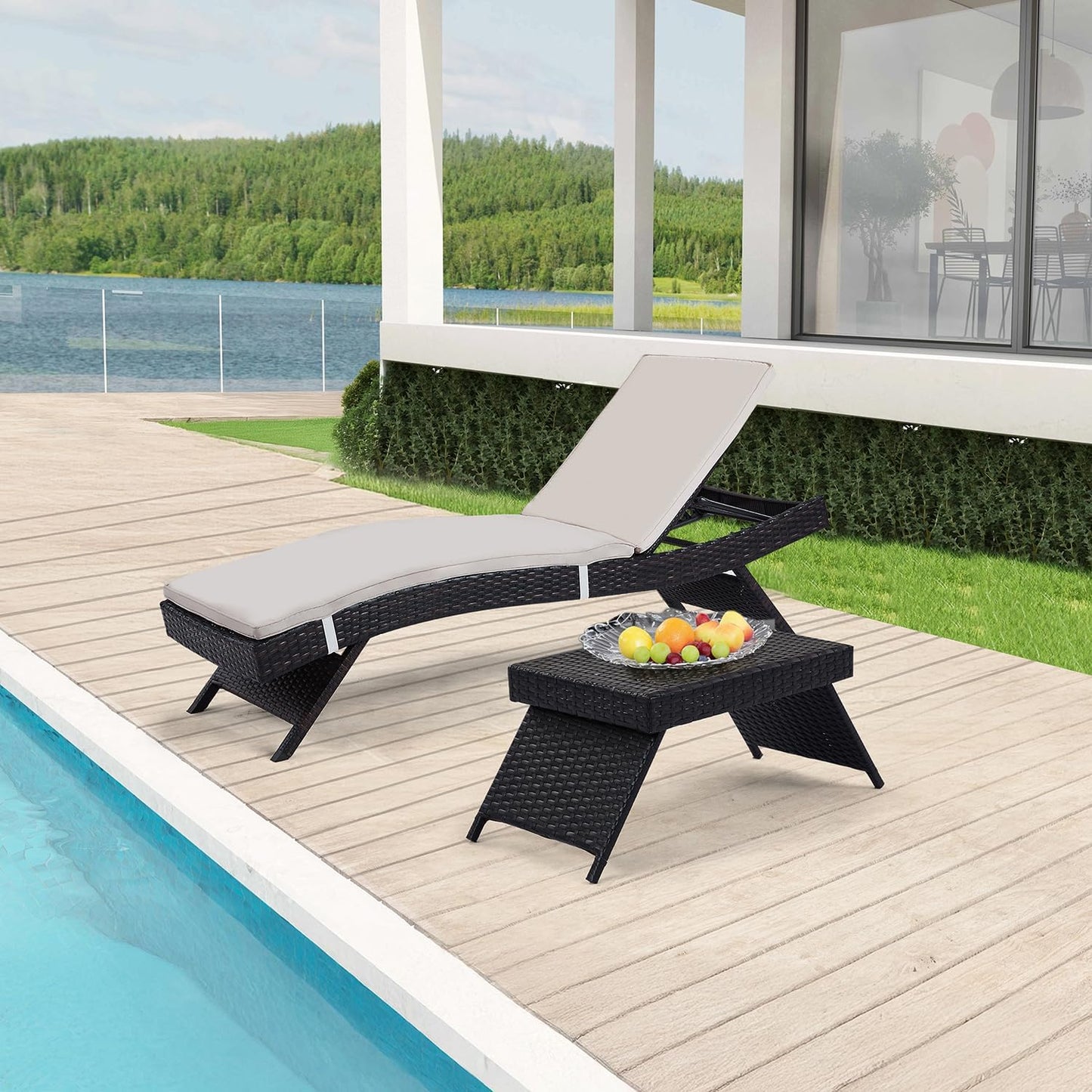 79'' Long Reclining Chaise Lounge Set (Set of 2), Outdoor Wicker Reclining Lounge Chair Patio Rattan Double Chaise Lounge Lawn Sunbathing Chairs Beach Pool Backrest Recliners (Set of 2)