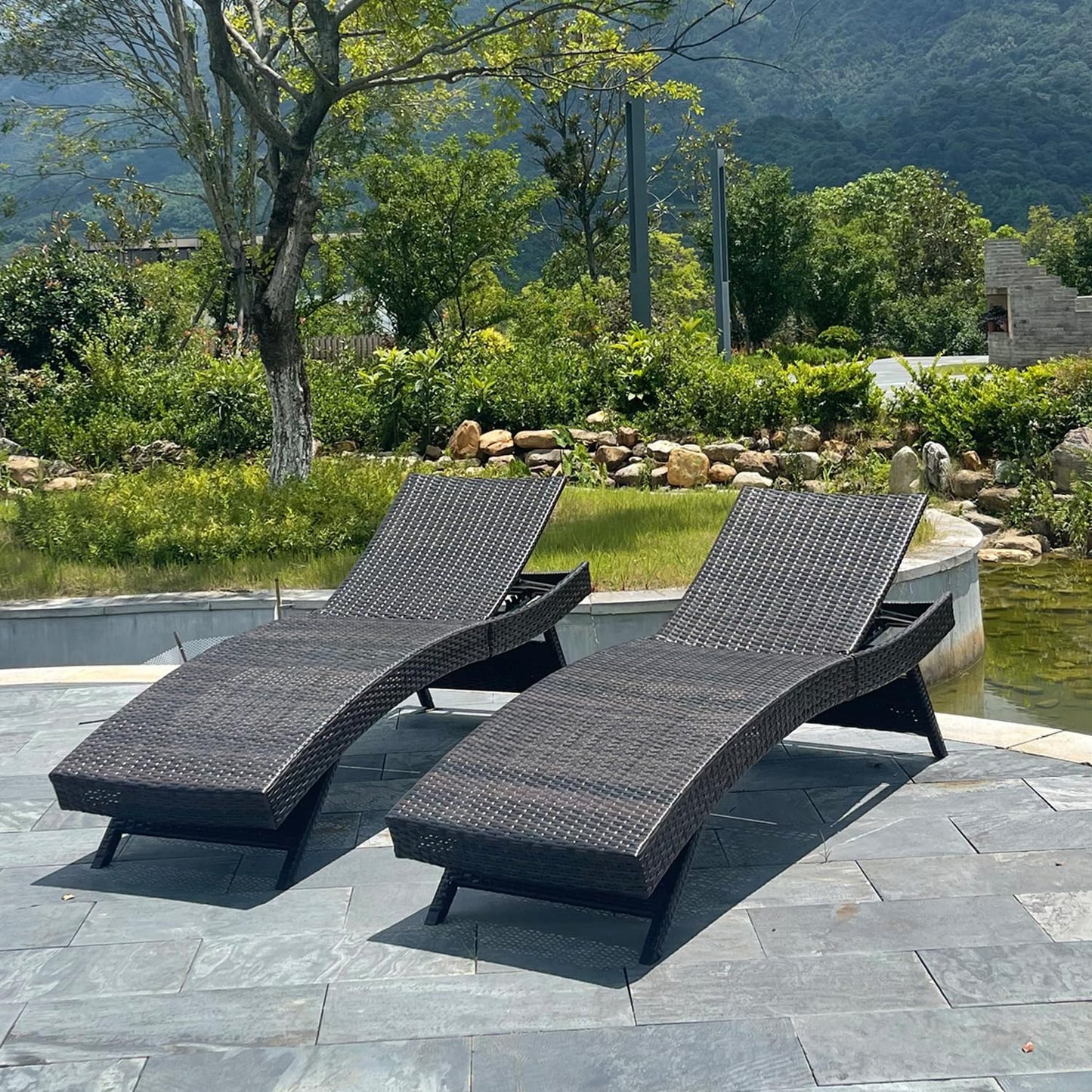 79'' Long Reclining Chaise Lounge Set (Set of 2), Outdoor Wicker Reclining Lounge Chair Patio Rattan Double Chaise Lounge Lawn Sunbathing Chairs Beach Pool Backrest Recliners (Set of 2)