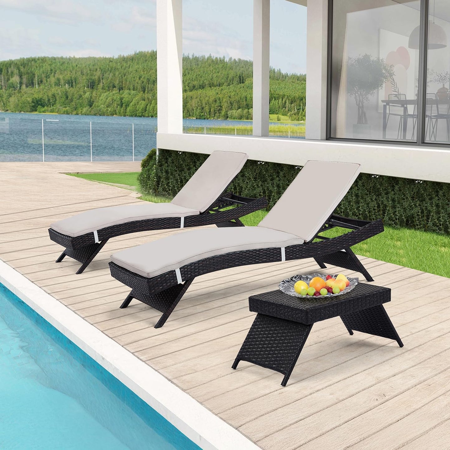 79'' Long Reclining Chaise Lounge Set (Set of 2), Outdoor Wicker Reclining Lounge Chair Patio Rattan Double Chaise Lounge Lawn Sunbathing Chairs Beach Pool Backrest Recliners (Set of 2)