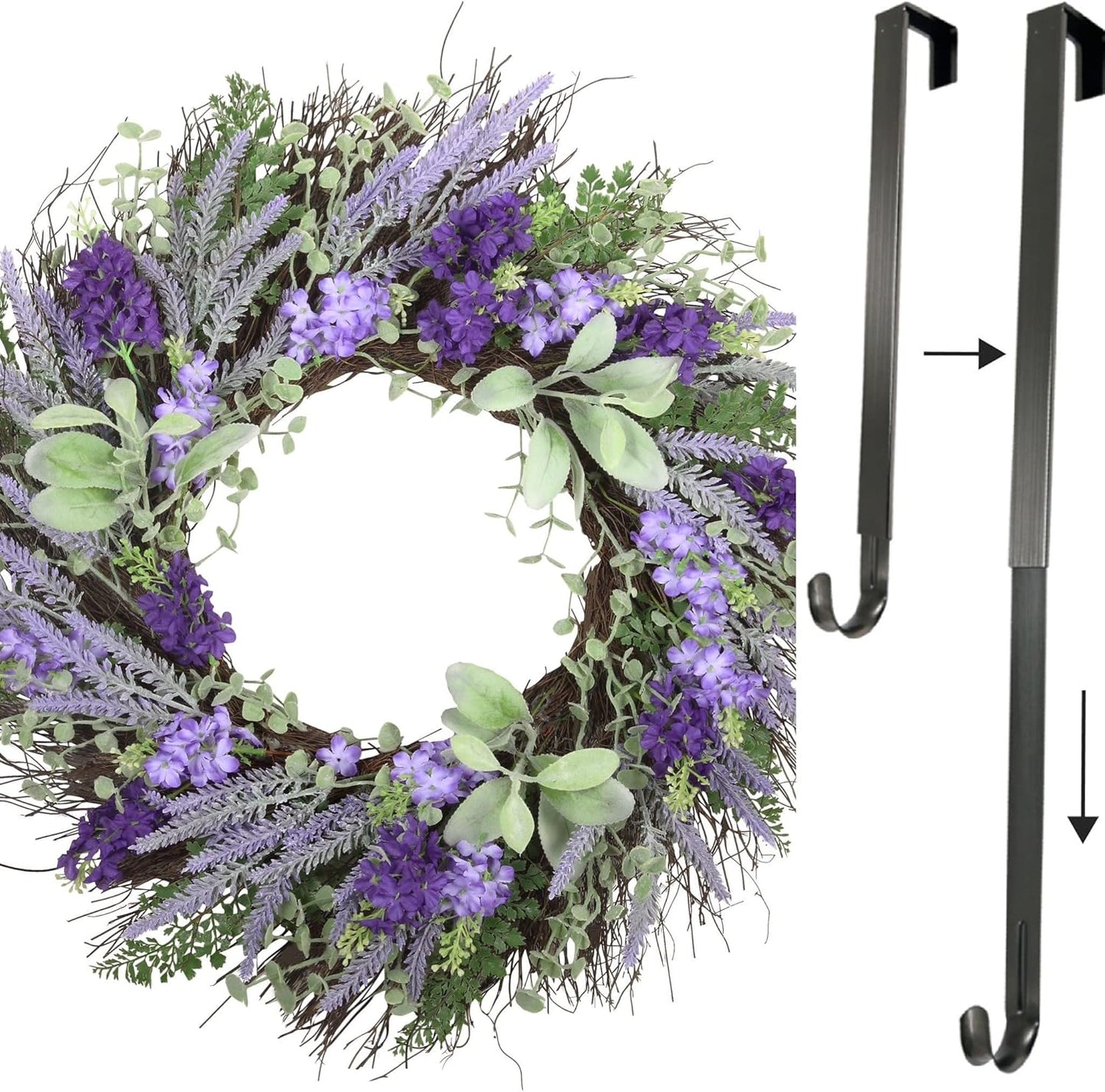 Haute Decor Lavender Floral Wreath and Brushed Nickel Adjustable Length Wreath Hanger for Spring, Summer, Fall Door Decor