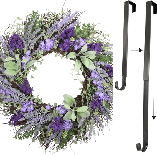 Haute Decor Lavender Floral Wreath and Brushed Nickel Adjustable Length Wreath Hanger for Spring, Summer, Fall Door Decor