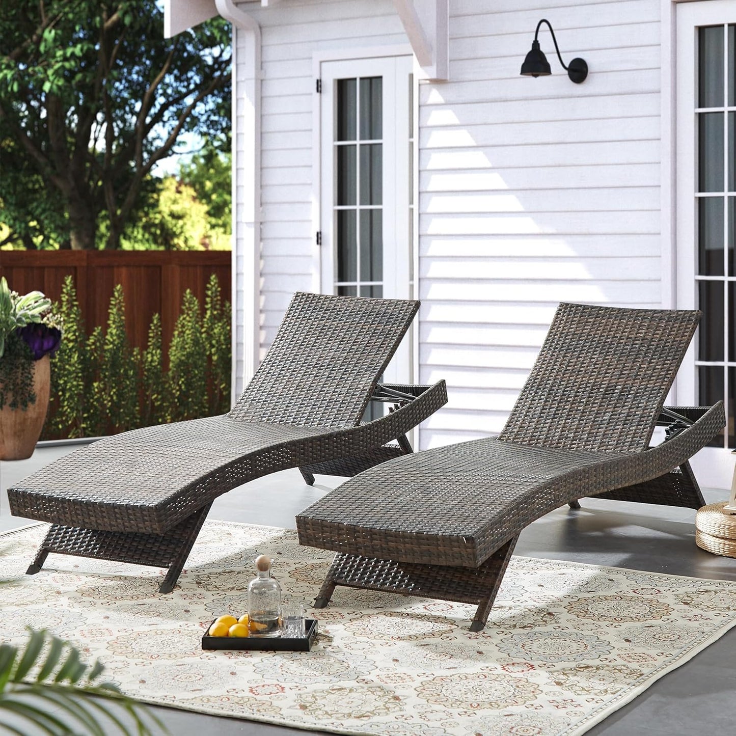 79'' Long Reclining Chaise Lounge Set (Set of 2), Outdoor PE Rattan Adjustable Recliner with 5-Level Backrest, Weatherproof Wicker Lounge Chair for Patio, Backyard, Beach & Poolside