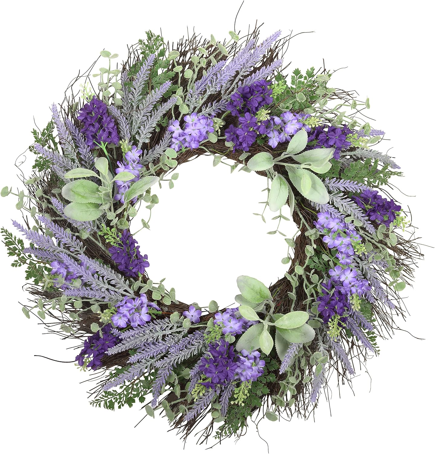 Haute Decor Lavender Floral Wreath and Brushed Nickel Adjustable Length Wreath Hanger for Spring, Summer, Fall Door Decor