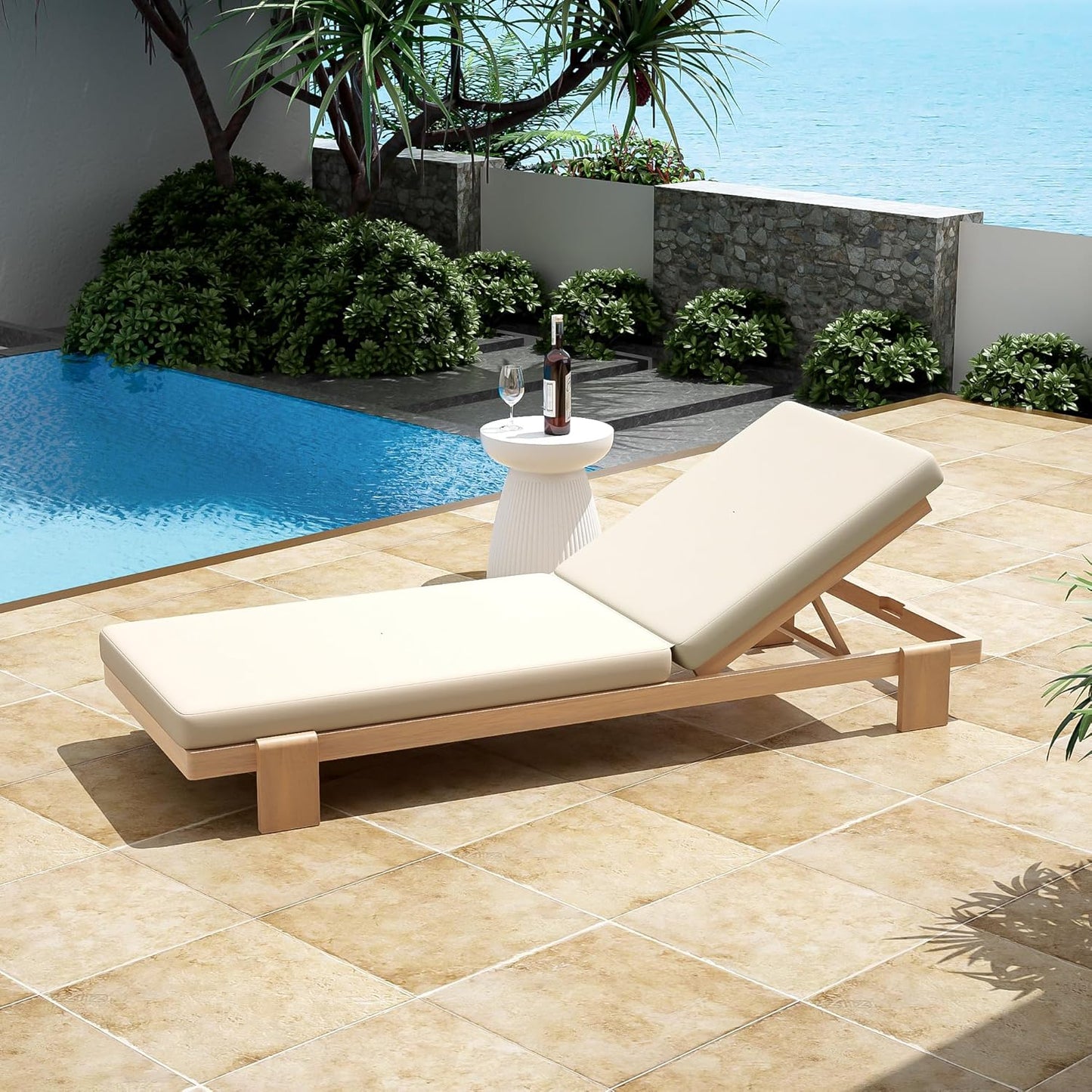 Christopher Knight Home Duska Acacia Wood Chaise Lounge Chair Outdoor, Patio Outdoor Chaise Lounge with Cushions, Adjustable Backrest Single Lounge Sofa, Poolside Seating, Teak+Beige
