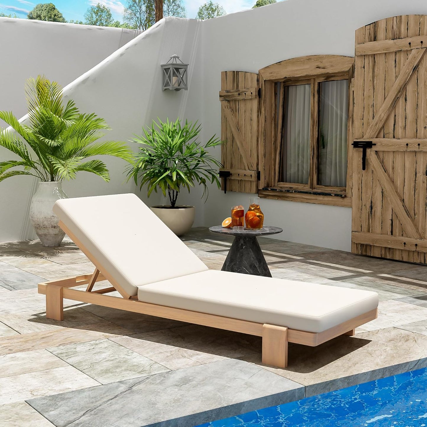 Christopher Knight Home Duska Acacia Wood Chaise Lounge Chair Outdoor, Patio Outdoor Chaise Lounge with Cushions, Adjustable Backrest Single Lounge Sofa, Poolside Seating, Teak+Beige