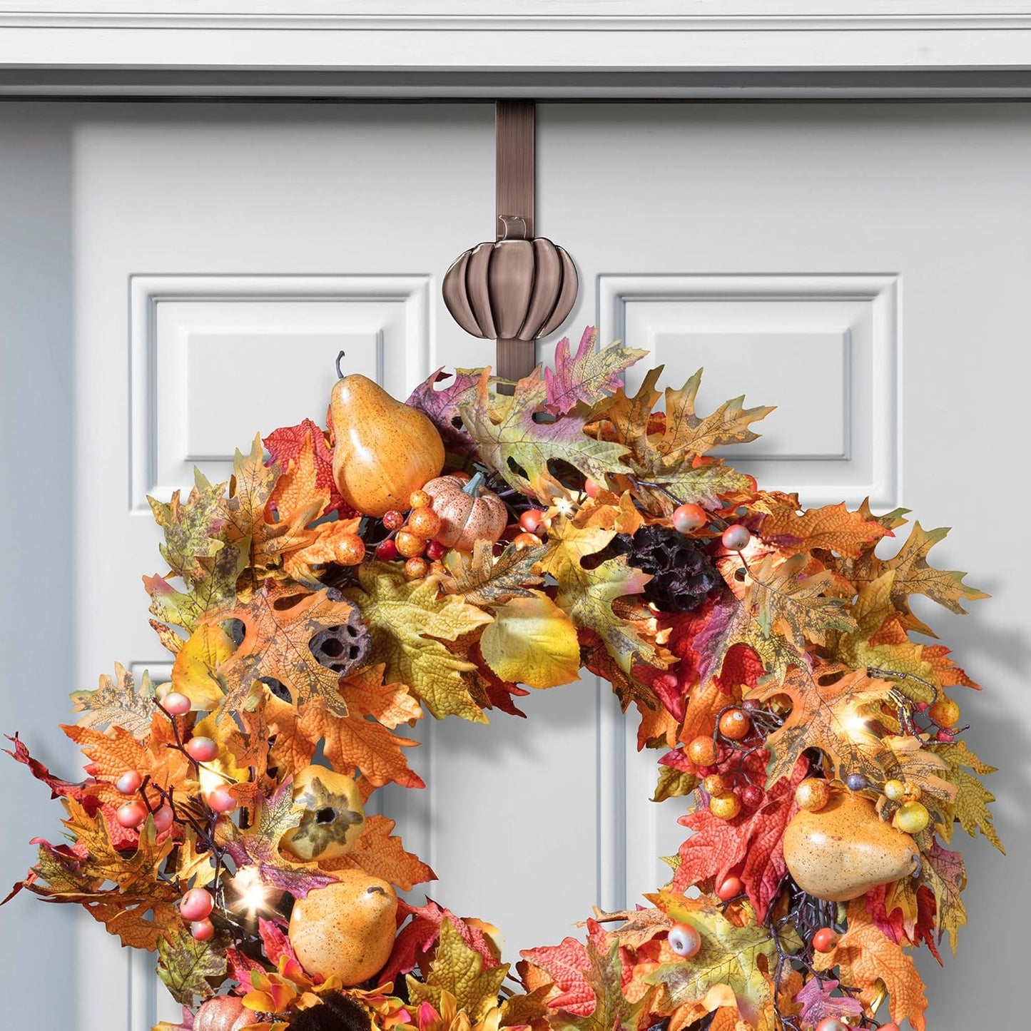 Haute Decor Adapt Adjustable Length Wreath Hanger with 4 Interchangeable Icons - Oil-Rubbed Bronze (Bee/Pumpkin/Snowflake/Fleur de lis) - 4 Front Door Wreath Hangers in 1