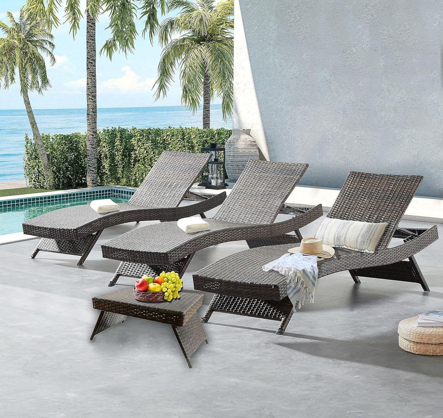 79'' Long Reclining Chaise Lounge Set (Set of 2), Outdoor Wicker Reclining Lounge Chair Patio Rattan Double Chaise Lounge Lawn Sunbathing Chairs Beach Pool Backrest Recliners (Set of 2)