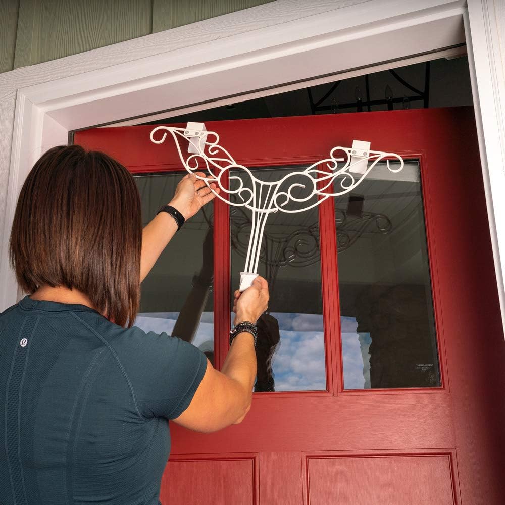 [Front Door WREATH HANGER] - Antler Design | ADJUSTABLE Hook Length for Tall and Small Doors | PADDING to Prevent Damage like Scratch and Dents | Heavy Duty Cast Iron Metal Hangar (White)