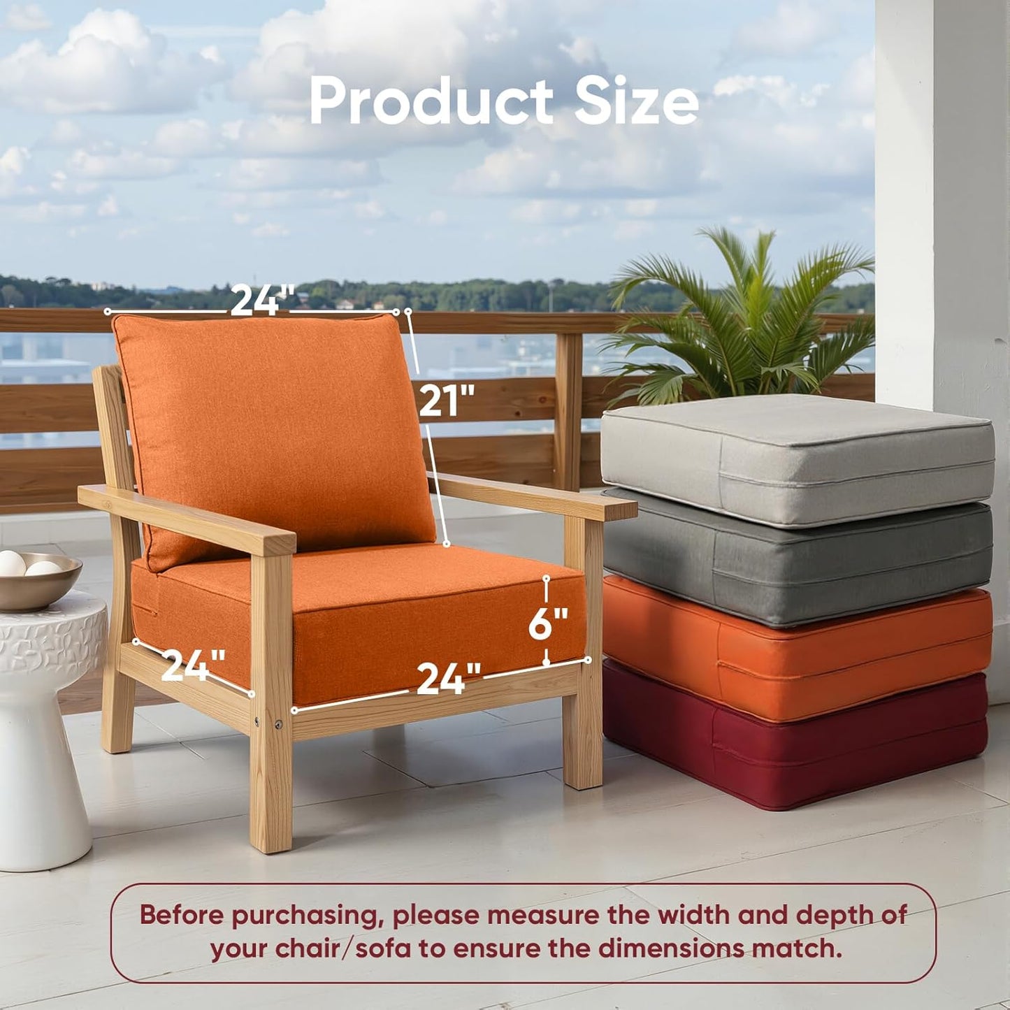Outdoor Chair Cushions Set of 2, Waterproof 24x24 Patio Chair Cushion, 6" Thickened Seat Cushion for Outdoor Furniture, Couch Cushion Replacement, Include 2 Back & 2 Seat Cushions, Thick/Orange