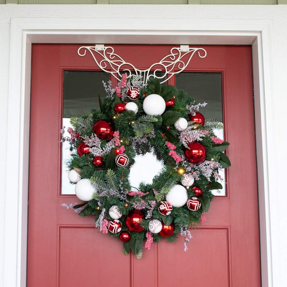 [Front Door WREATH HANGER] - Antler Design | ADJUSTABLE Hook Length for Tall and Small Doors | PADDING to Prevent Damage like Scratch and Dents | Heavy Duty Cast Iron Metal Hangar (White)