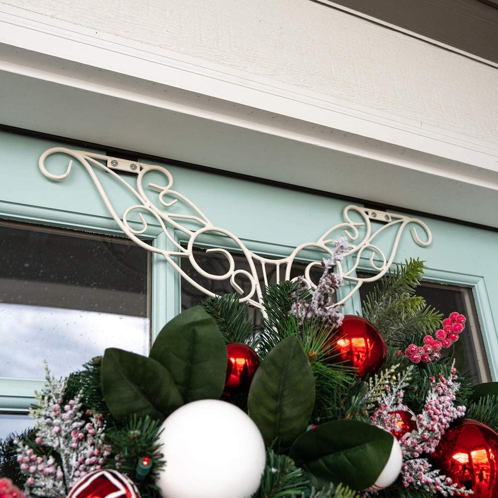 [Front Door WREATH HANGER] - Antler Design | ADJUSTABLE Hook Length for Tall and Small Doors | PADDING to Prevent Damage like Scratch and Dents | Heavy Duty Cast Iron Metal Hangar (White)