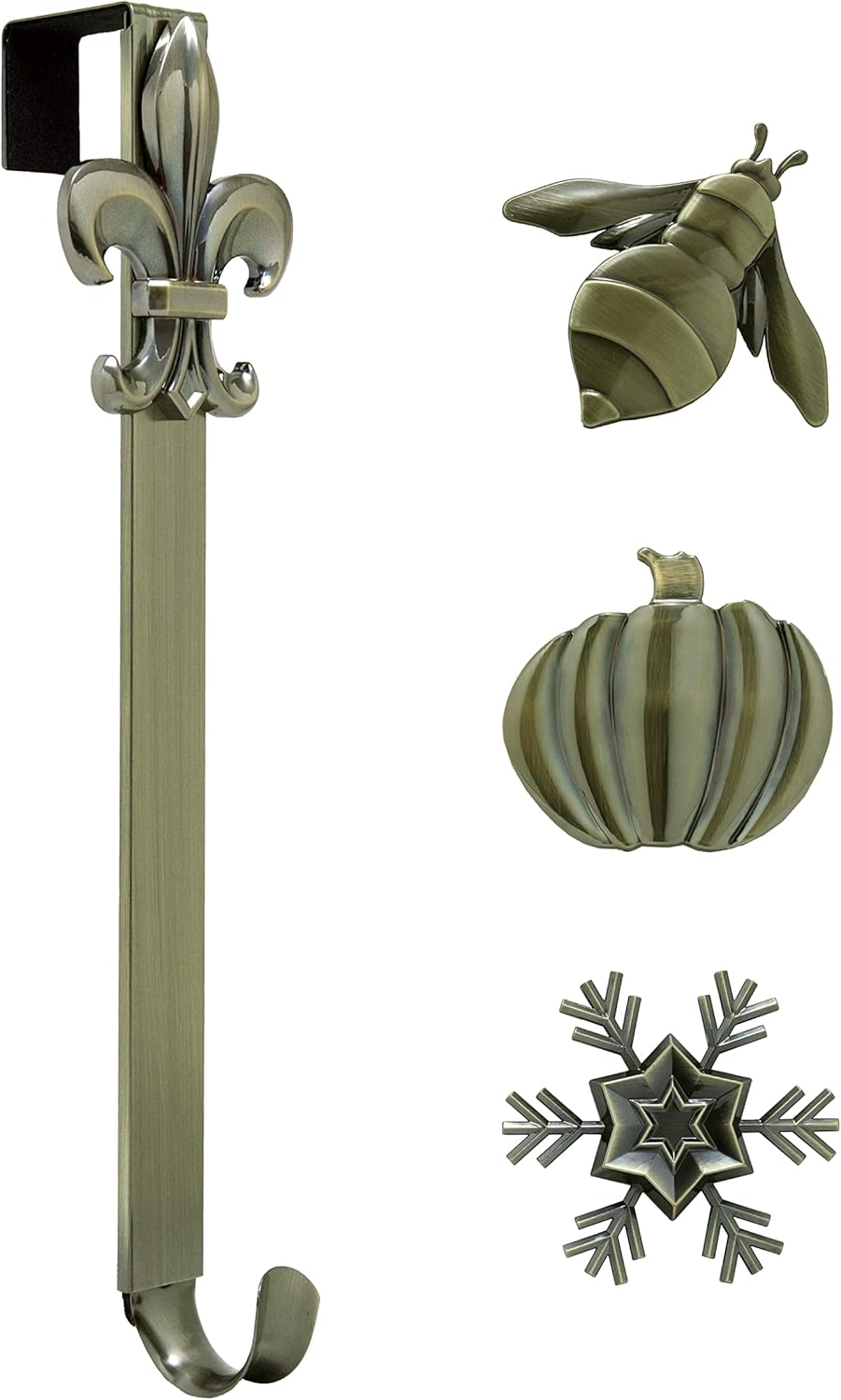 Haute Decor Adapt Adjustable Length Wreath Hanger with 4 Interchangeable Icons - Oil-Rubbed Bronze (Bee/Pumpkin/Snowflake/Fleur de lis) - 4 Front Door Wreath Hangers in 1
