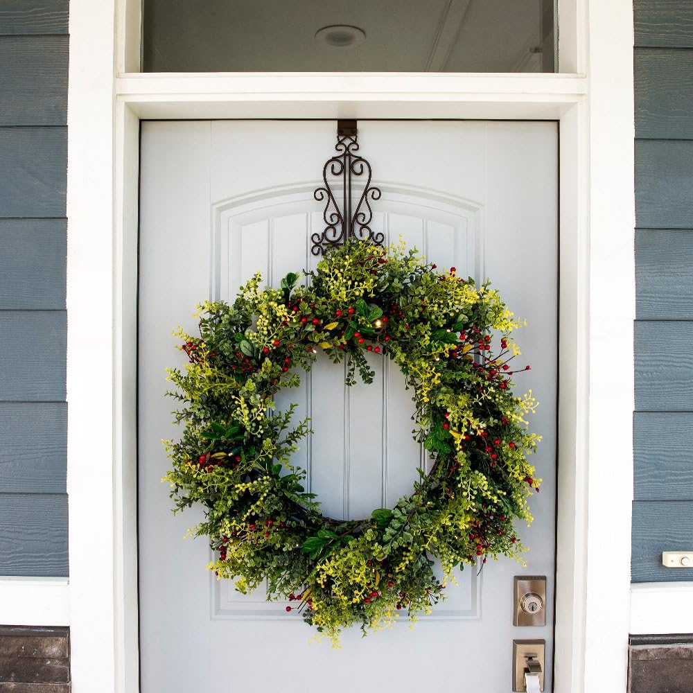 [Front Door WREATH HANGER] - Colonial Design | ADJUSTABLE Hook Length for Tall and Small Doors | PADDING to Prevent Damage like Scratch and Dents | Heavy Duty Cast Iron Metal Hangar - (Brown)