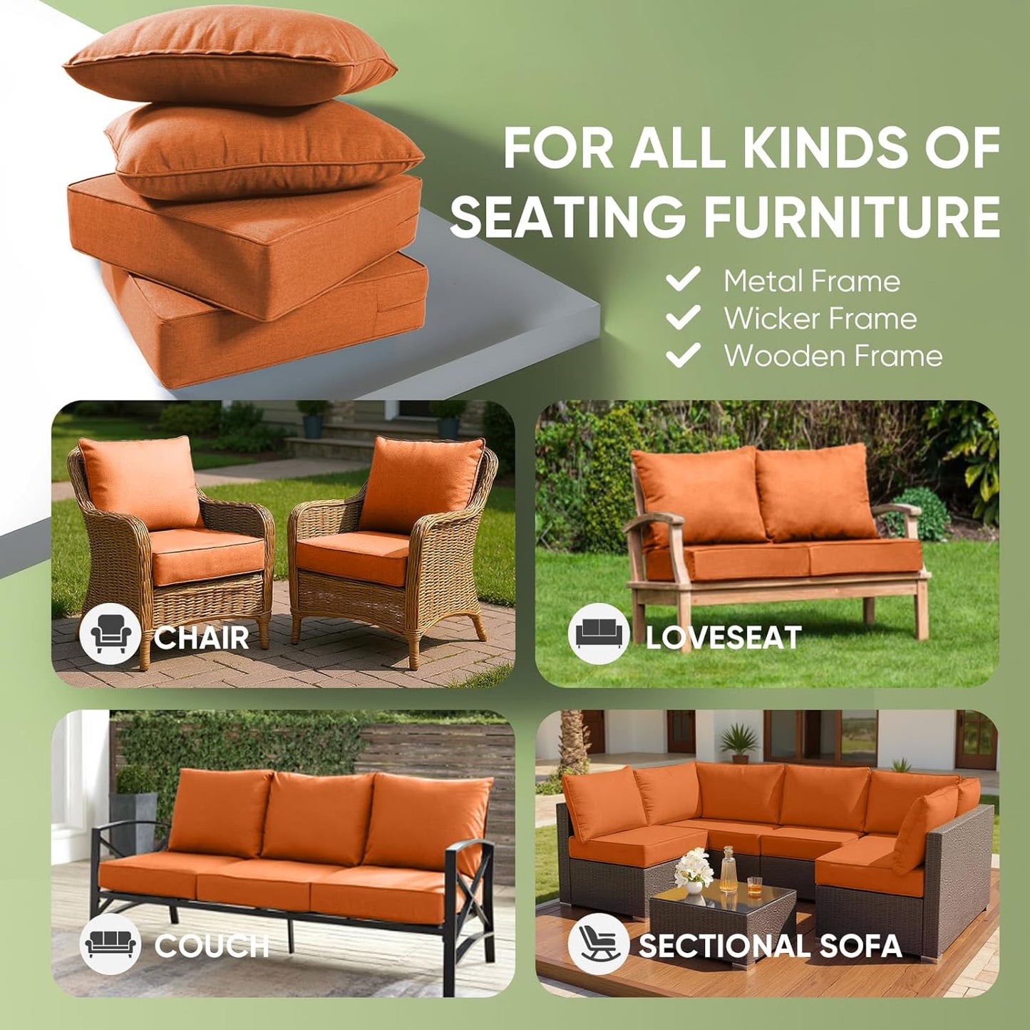 Outdoor Chair Cushions Set of 2, Waterproof 24x24 Patio Chair Cushion, 6" Thickened Seat Cushion for Outdoor Furniture, Couch Cushion Replacement, Include 2 Back & 2 Seat Cushions, Thick/Orange
